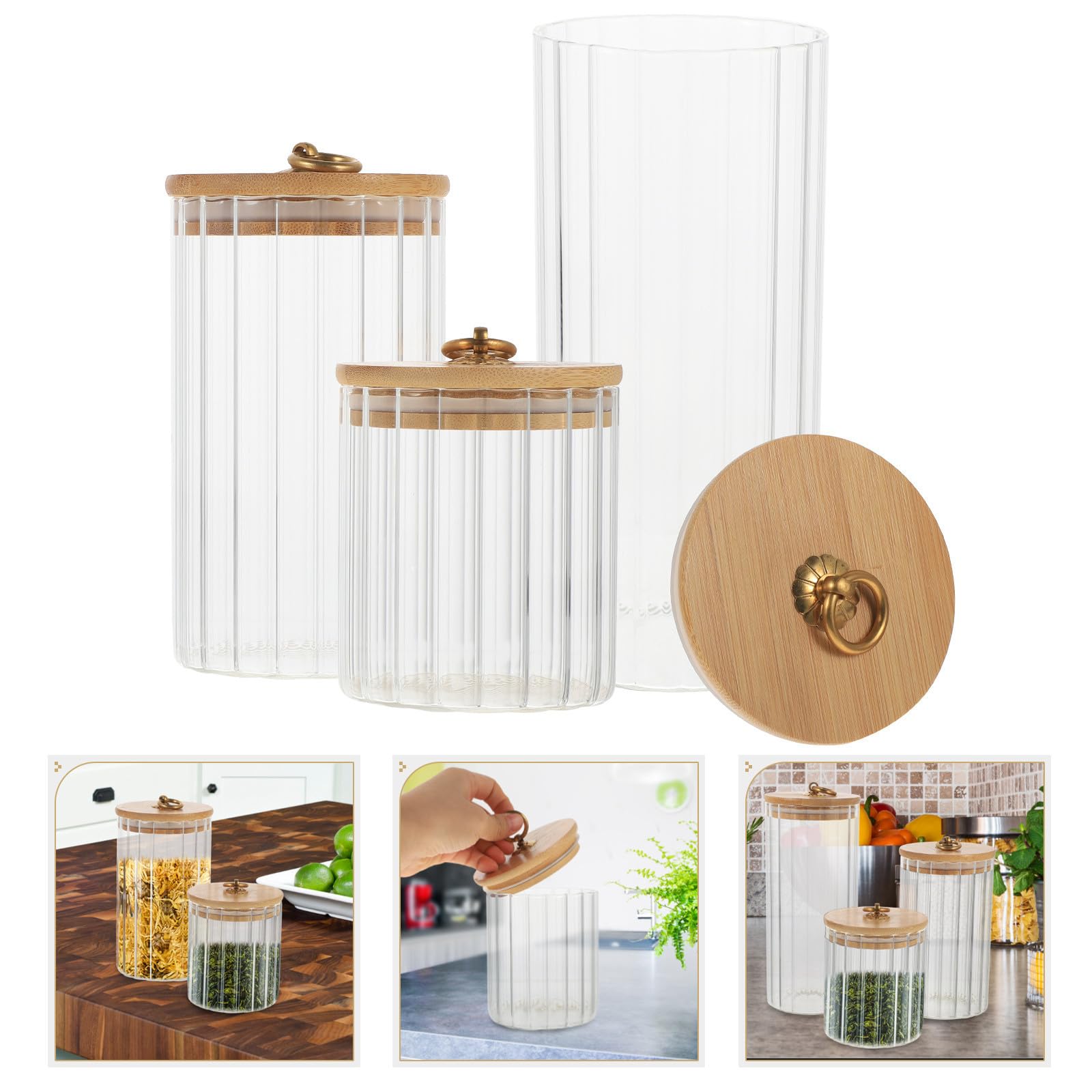 SHINEOFI 3 Piezas Frascos de Vidrio con Tapa de Bambú para Almacenamiento Hermético en Cocina, Fácil de Usar y Limpiar, Capacidades 550ml, 850ml y 1150ml