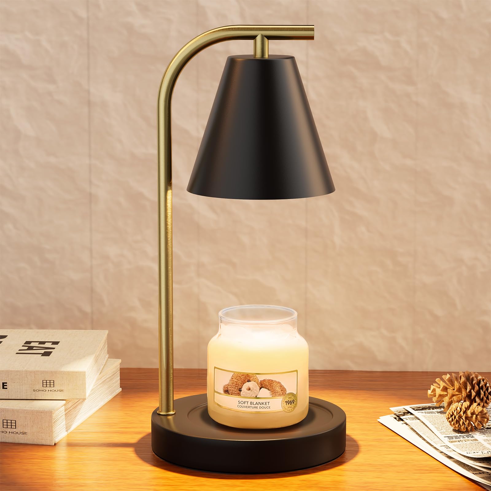 Black and Gold Candle Warmer, Candle Warmer Lamp with Timer，Electric Candle Lamp Warmer for Scented Wax with 2 Bulbs，House Warming Gifts New Home&