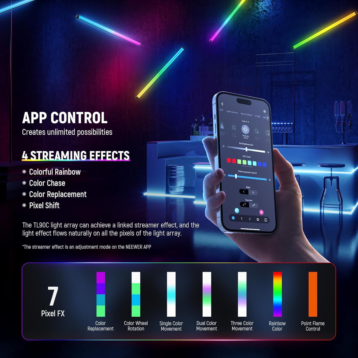 NEEWER TL60 RGB lampa świetlna, kolorowy RGBWW, lampa wideo, obsługuje sterowanie za pomocą aplikacji / 2,4G/DMX, 7 pikseli, 18 scen, 2500 K-10000 K CRI97+ TLCI98+, akumulator 3000 mAh