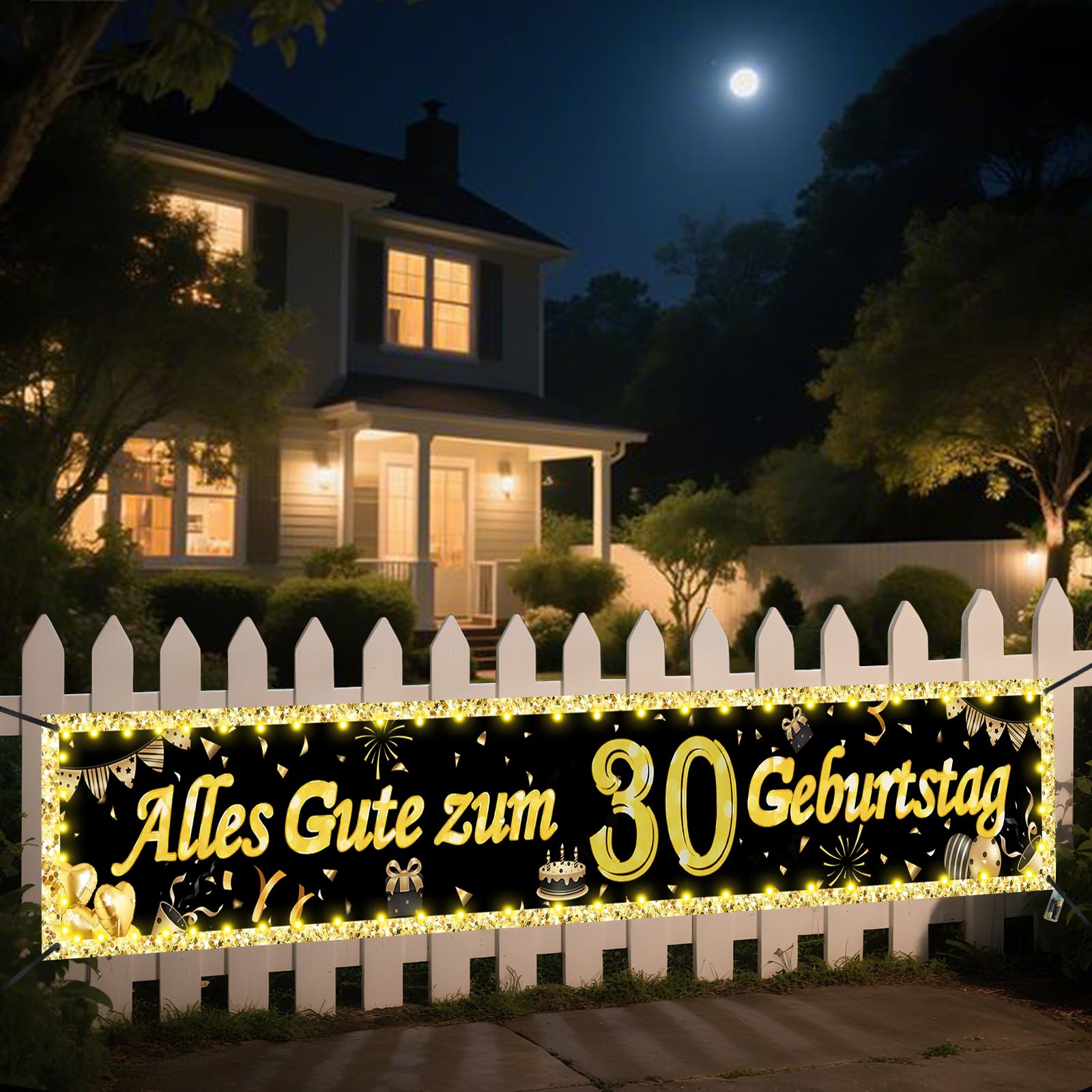 Seutgjie Deko Banners mit LED Lichtband für Frauen Männer 40 * 270CM Hintergrund Dekoration Gold Schwarz