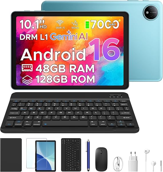 P10 10.1 inch Tablet, 48GB+128GB/TF 2TB, Android 16 Tablet with Gemini AI, 7000mAh, Unisoc T310 Quad-Core, 90Hz, 8MP+5MP, Dual Speakers, 3.5mm Headphone jack, Tablet with Keyboard, Pen, Case, Blue - 1