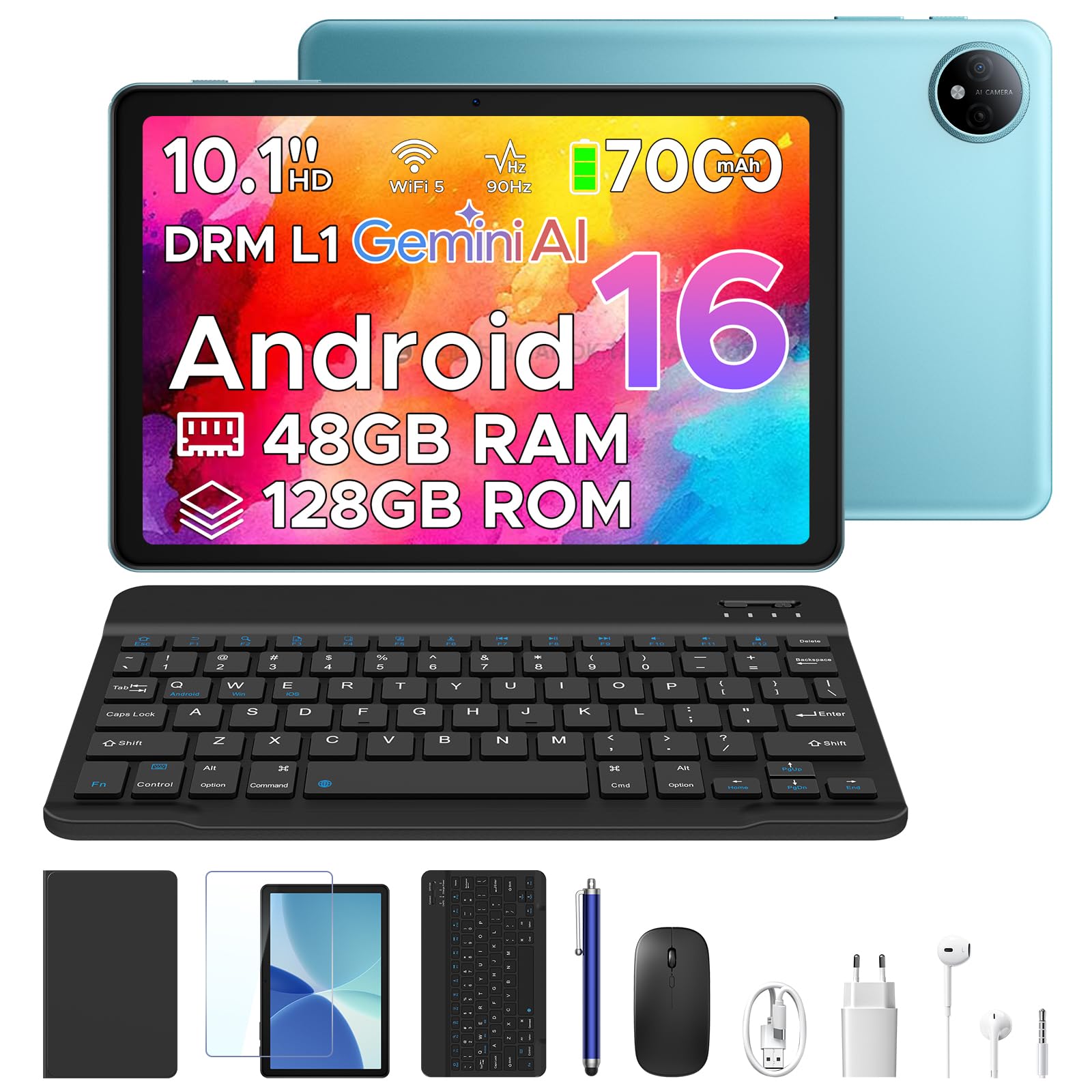 POPUX P10 Tablets Android, Tablet 10 Pulgadas, Tablet Android 16 con Gemini AI, 48GB RAM+128GB ROM, T310 CPU, 7000mAh, 8MP+5MP, 90Hz, Widevine L1, Bluetooth 5.0, Tablet con Teclado, Azul - 2