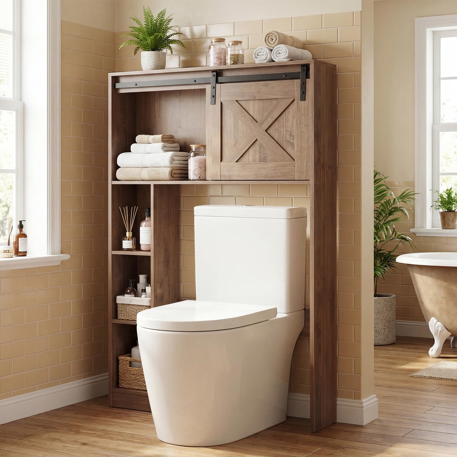COSTWAY Armario de Almacenamiento sobre el Inodoro WC, Estante de Baño con Puerta Corredera & Estantes de Almacenaje, Estantería Multifuncional para Baño, Lavandería, 84,5 x 17 x 128 cm (Café)
