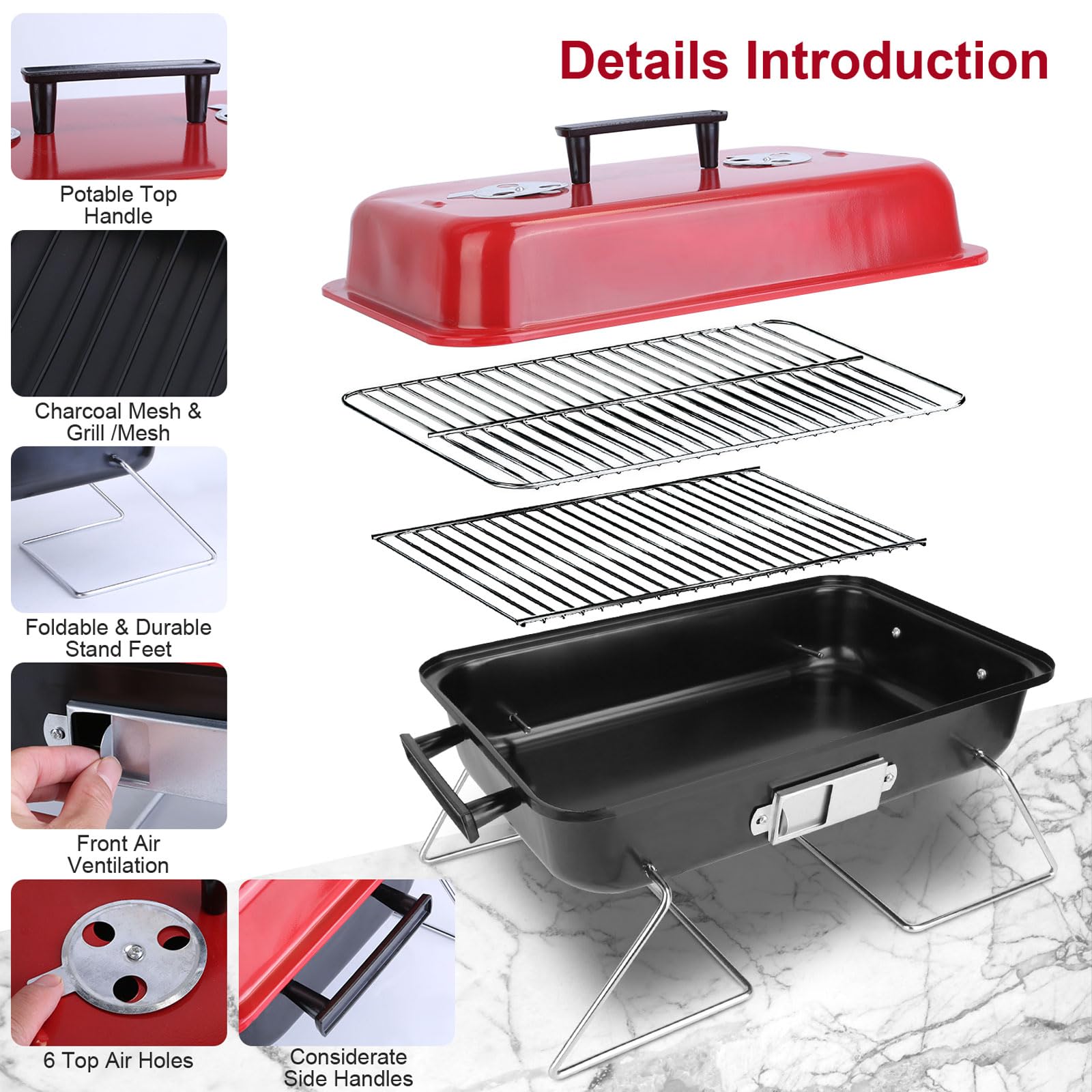 KOCASO Barbecue portatile a carbonella, griglia pieghevole per barbecue, da tavolo con coperchio, griglia da campeggio per esterni, patio, cortile, feste, picnic, spiaggia, viaggi, griglia pieghevole
