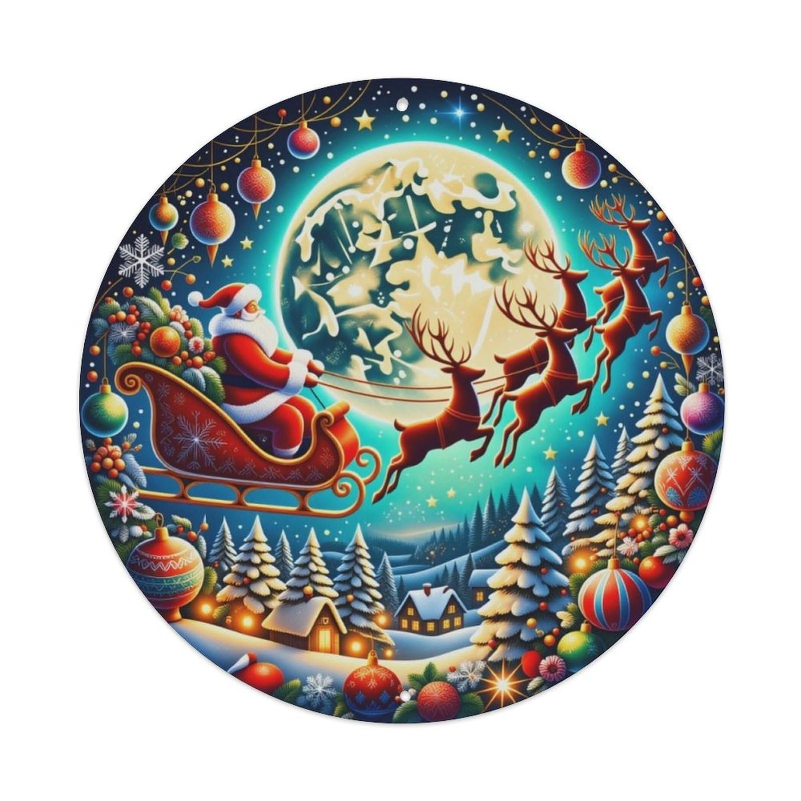 Moon Forest Santa Sleigh Christmas Round Decor Sign Vintage Aluminium Metal Sign, Retro Wall Decor for Home, Bar, Garage & Farmhouse 20x20cm