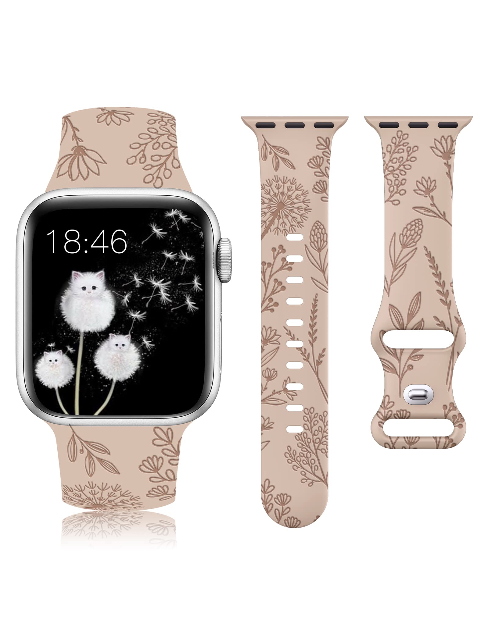 Floral Engraved Band Compatible with Apple Watch Bands 38/40/41/42/44/45/46/49mm Women, Cute Soft Silicone Dandelion Flower Sport Fancy Strap for iWatch Series 11 10 9 8 7 6 5 4 SE/Ultra 3 2 1 Milk Tea 44/45/46/49/42mm(Series 3/2/1)
