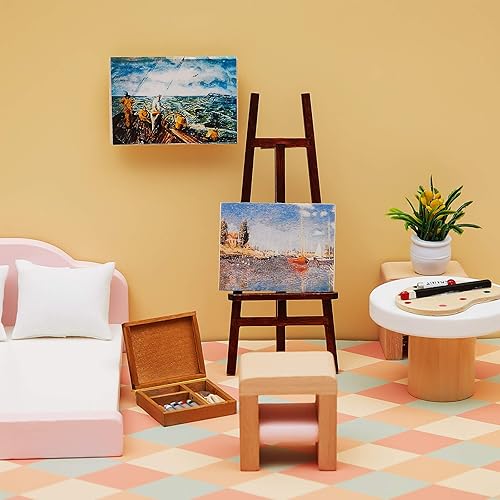 Miniatura 4 de Skylety Juego de accesorios de pintura de casa de muñecas de 3 piezas, caballete de madera, paleta en miniatura, caja de acuarela para muñecas