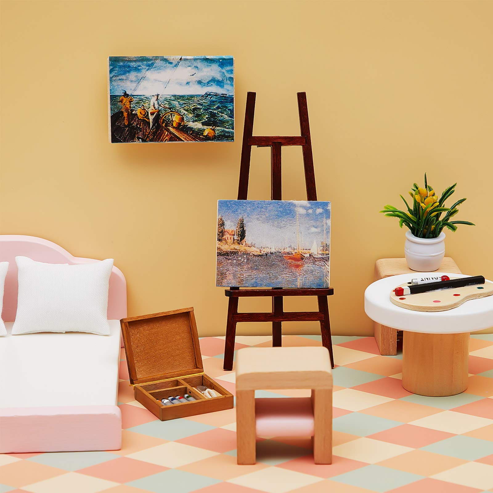 Juego de accesorios de pintura de casa de muñecas de 3 piezas, caballete de madera, paleta en miniatura, caja de acuarela para muñecas 4