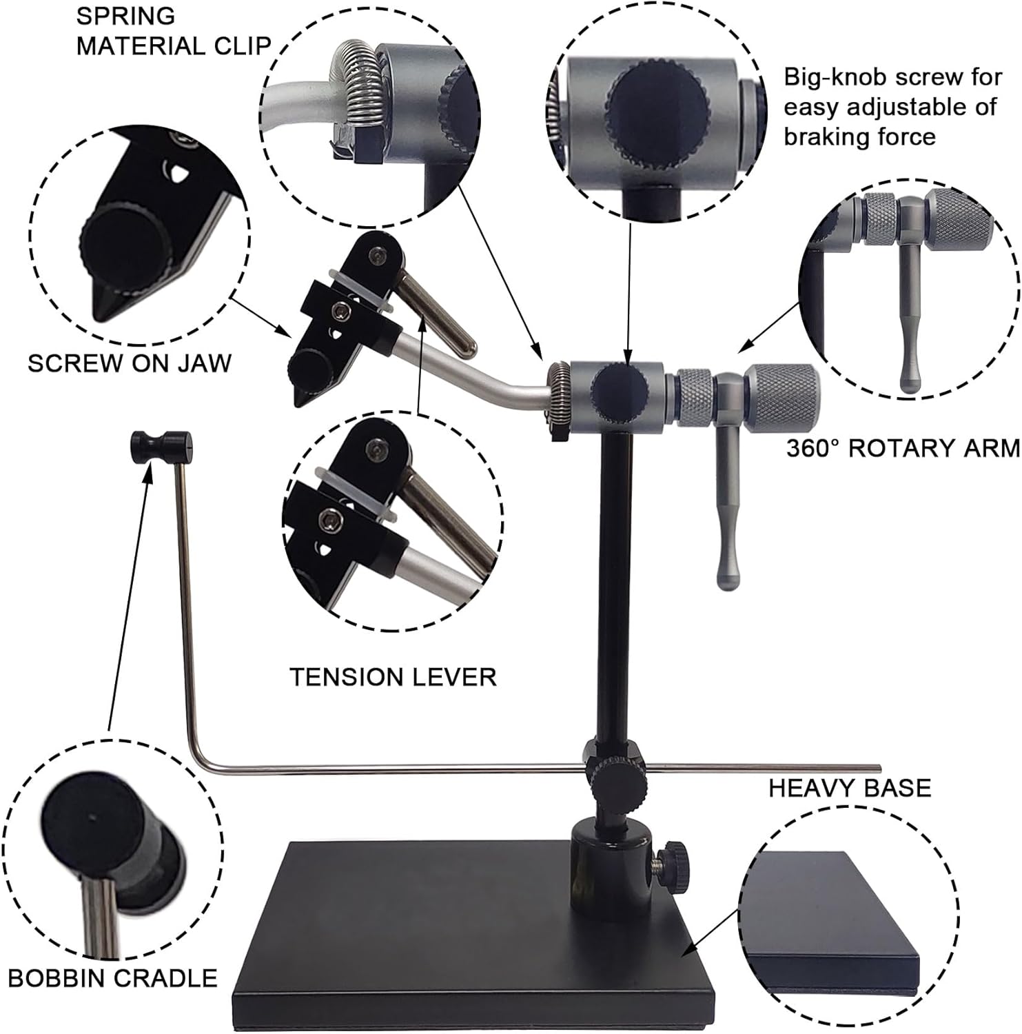 EUPHENG Madison True Rotary Vise with Two Ball Bearings Inside More Smooth Fly Tying Vise with 360 Degree Rotation Easy Adjustment of Rotation Resistance 26 to 4/0 Hook Sizes (Matt Gunsmoke)