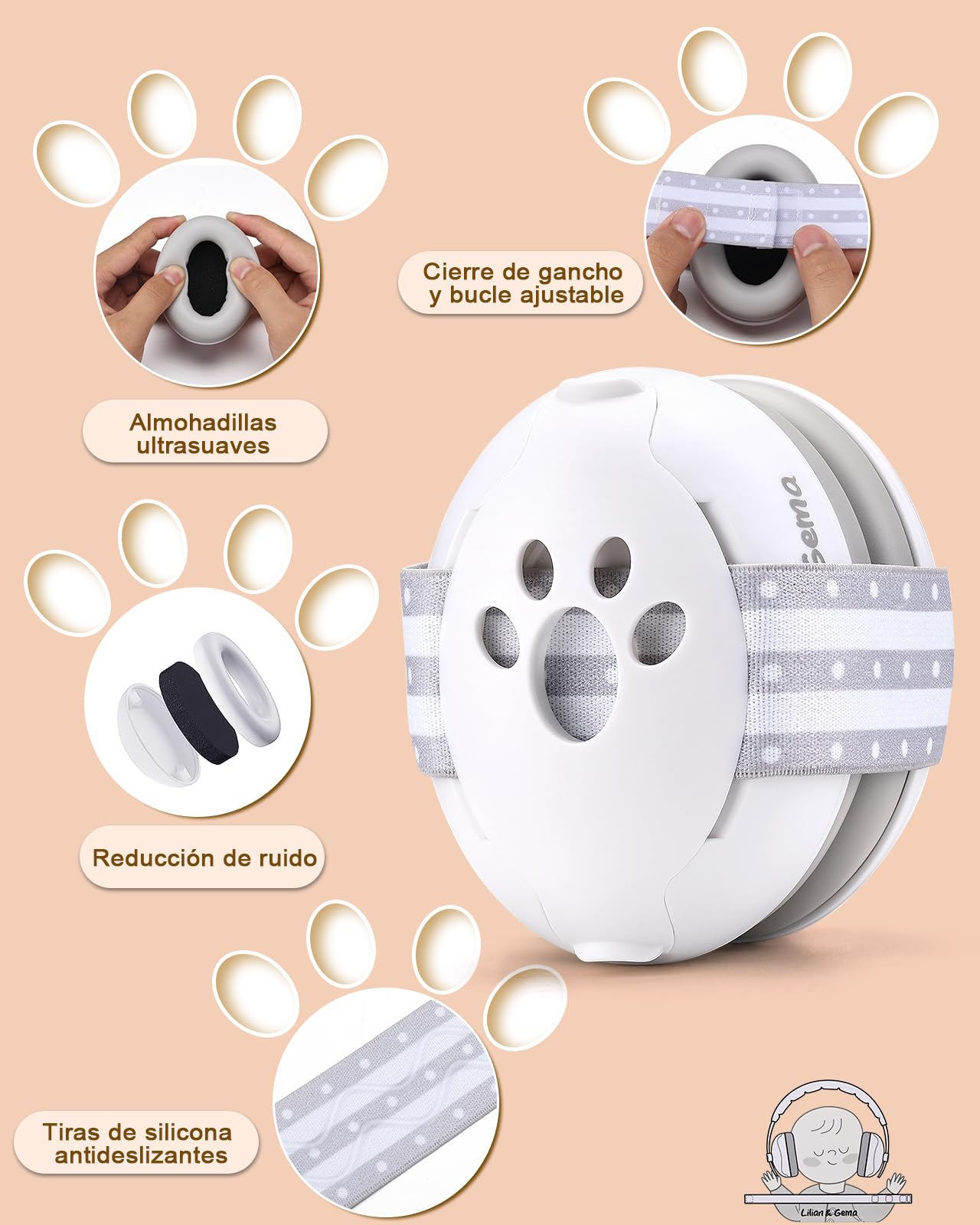 Lilian&Gema 2 en 1 Cascos Bebe Antiruido-Protectores auditivos para bebés,Diadema Ajustable, Antideslizante y sin Presión.Protección auditiva ideal para bebés de hasta 48 meses de edad