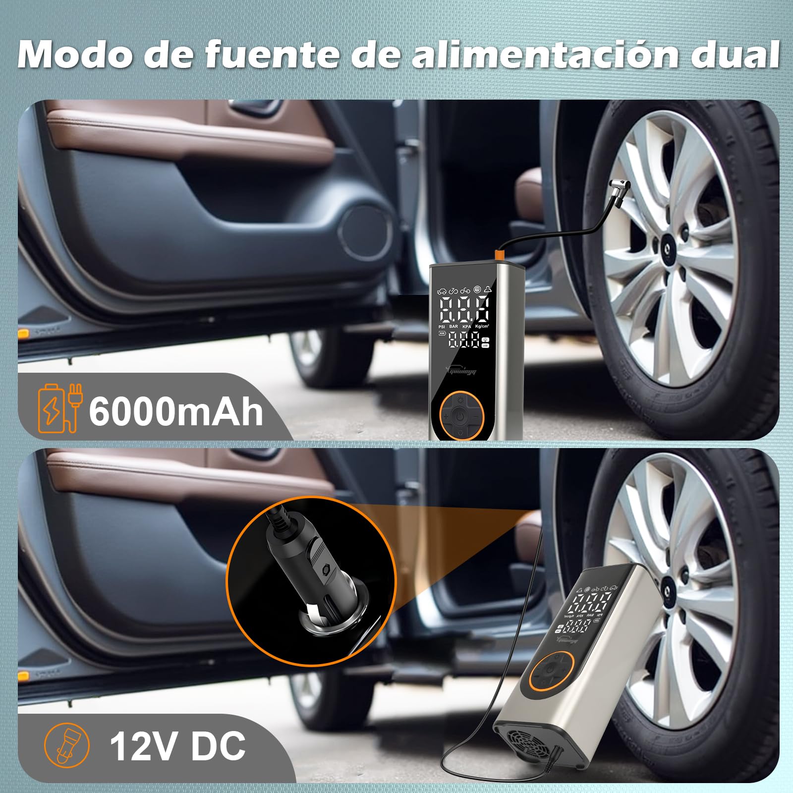 Compresor Aire Portatil, Inflador Ruedas Coche de 6000 mAh, Bomba de Neumáticos Eléctrica con Linterna LED para Coche, Bicicleta, Motocicleta y Balones