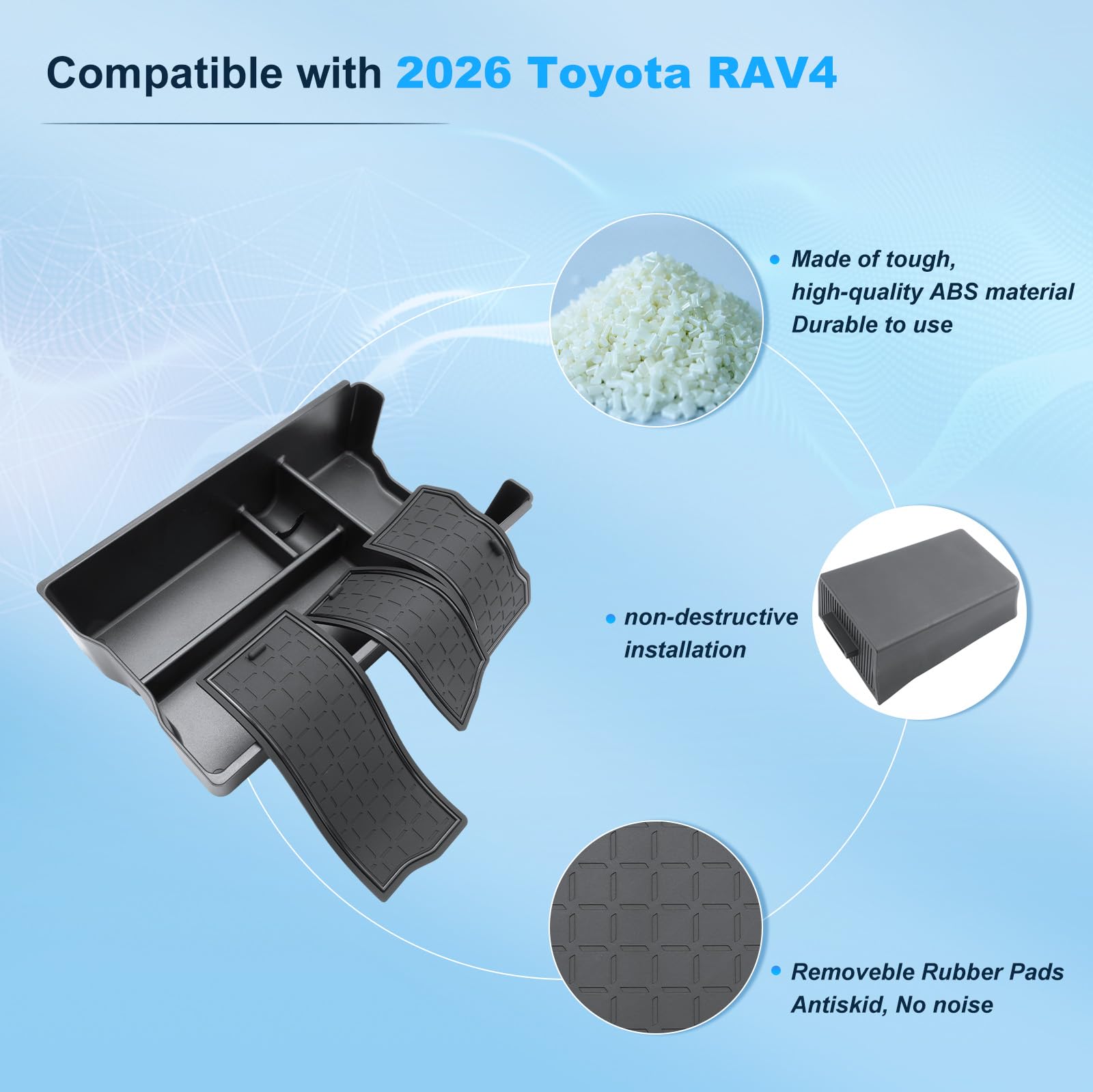 (4 piezas) 2026 R AV4 Organizador de consola central para Toyota R AV4 2026 (6ª generación) alfombrilla de carga inalámbrica y cajón de cargador inalámbrico y caja de reposabrazos y soporte de taza de