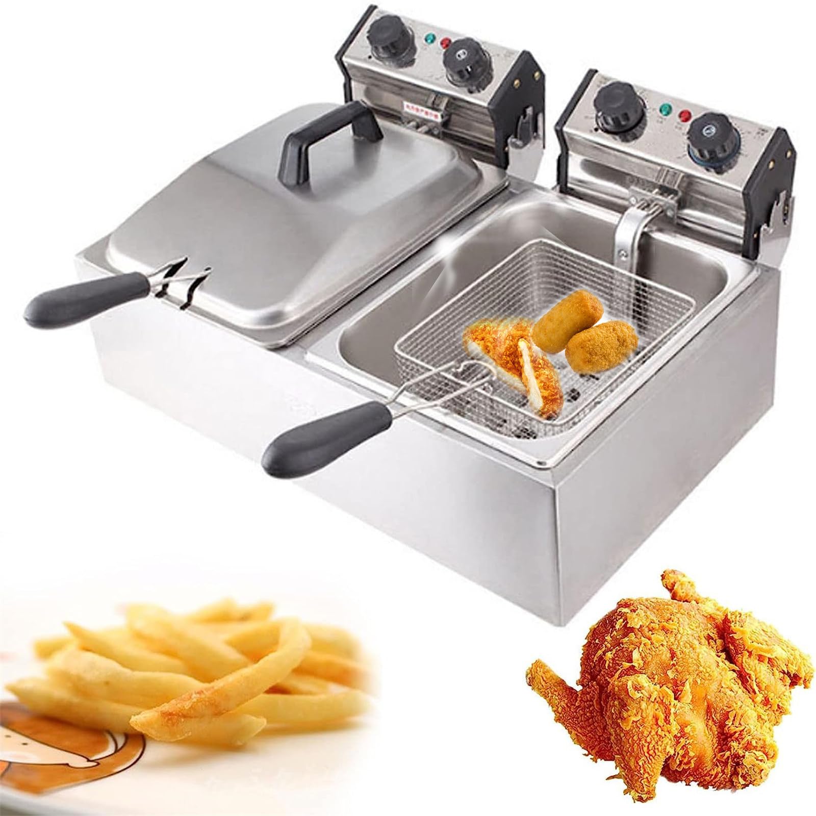 HCZKIUJY Large Deep Fryer with Basket Strainer, Adjustable Temperature Timer, Perfects for Fried Chicken, Shrimp, More, Removable Oil-Container (6L*2)