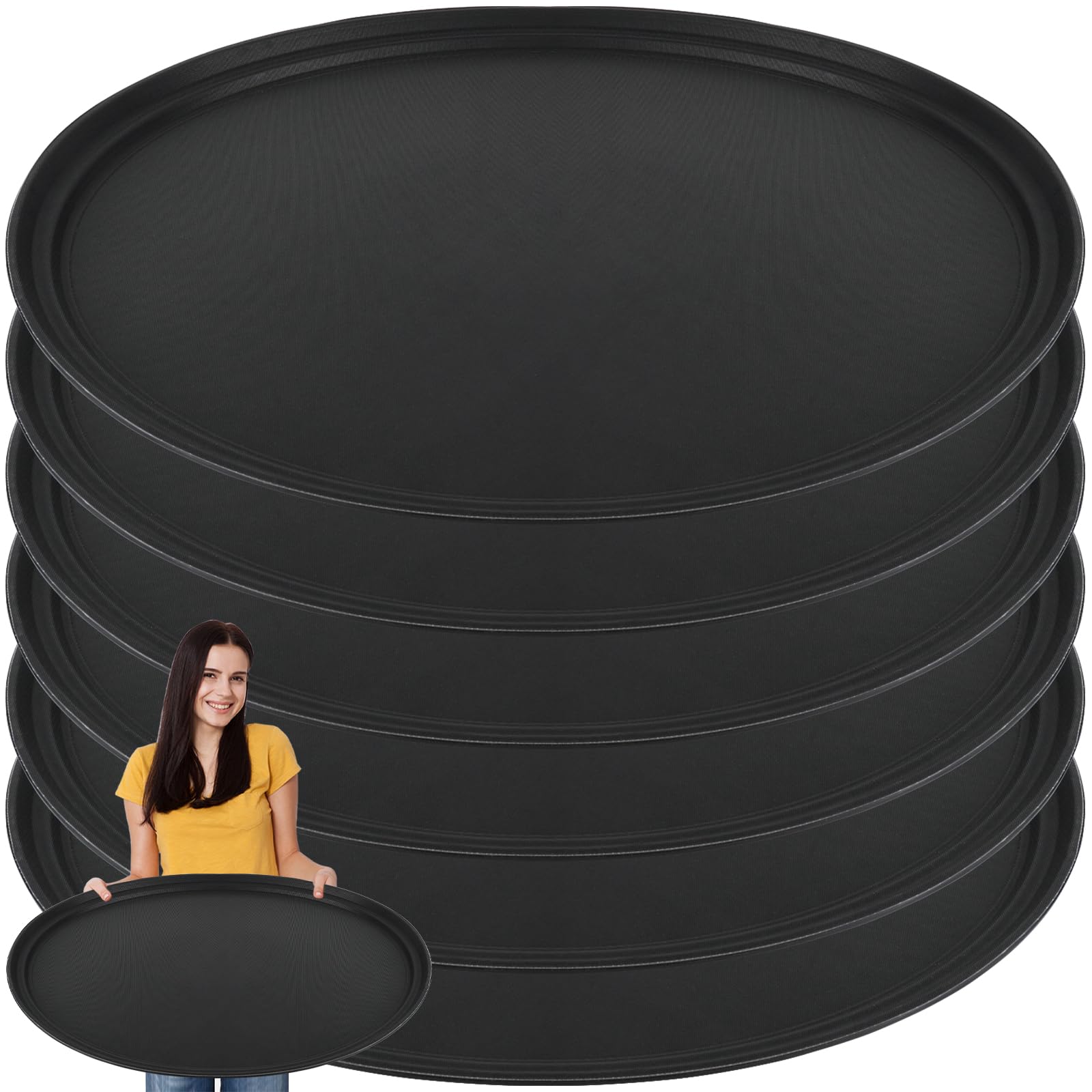 6 bandejas grandes de 24 x 29 pulgadas, bandeja antideslizante de plástico PP negro, bandeja ovalada de plástico con bordes elevados para el hogar, cocina, restaurante, cafeterías, servicio de comida