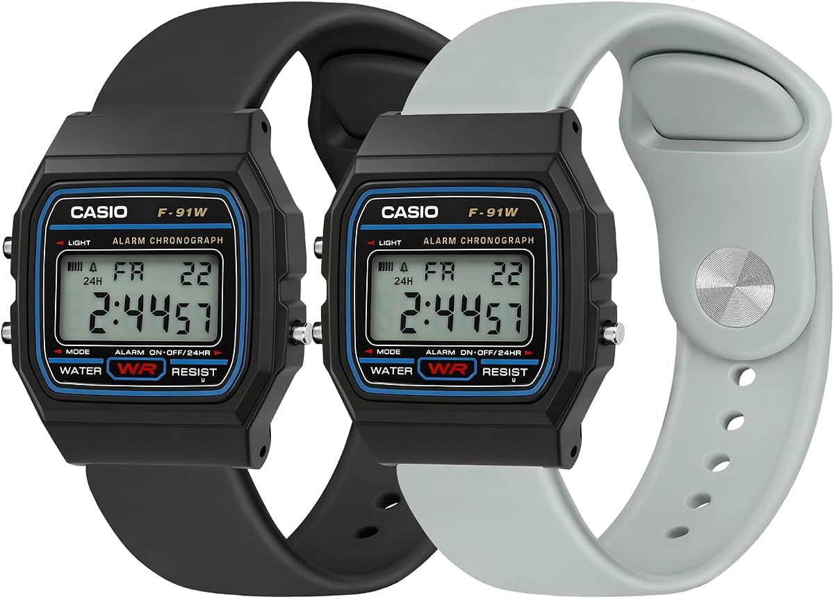 Tiptops Paquete de 2 correas de silicona para reloj Casio de 0.709 in, correa de repuesto suave y transpirable para Casio F-84/F-91W/F-94/A158/A168/F-105/F-108 y AE-1000 Series, pulsera deportiva de liberación rápida, juego de 2 colores