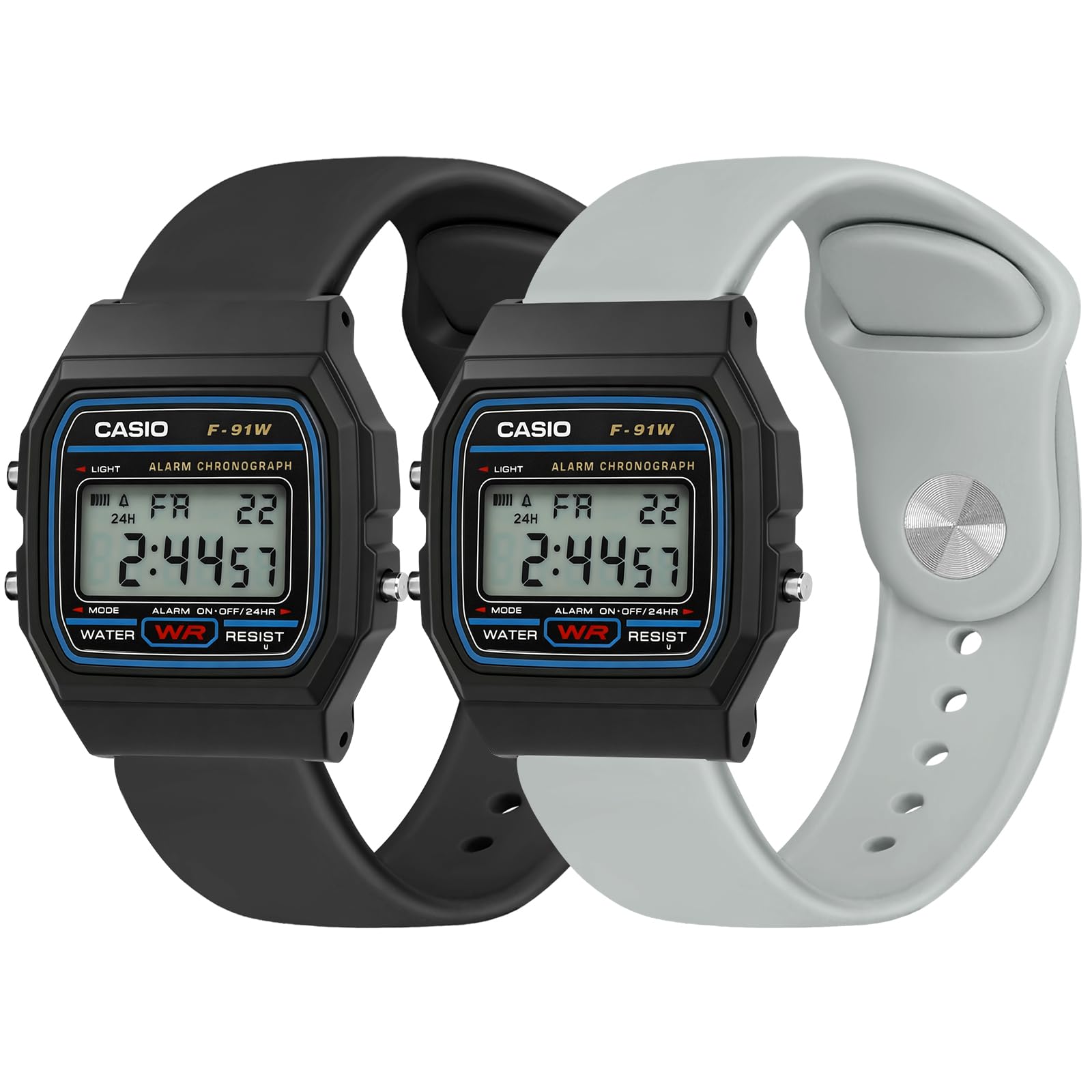 Tiptops 2 Pack Silicone Watch Band for Casio 18mm, Soft Breathable Replacement Strap for Casio F-84/F-91W/F-94/A158/A168/F-105/F-108 and AE-1000 Series, Quick Release Sport Wristband 2-Color Set