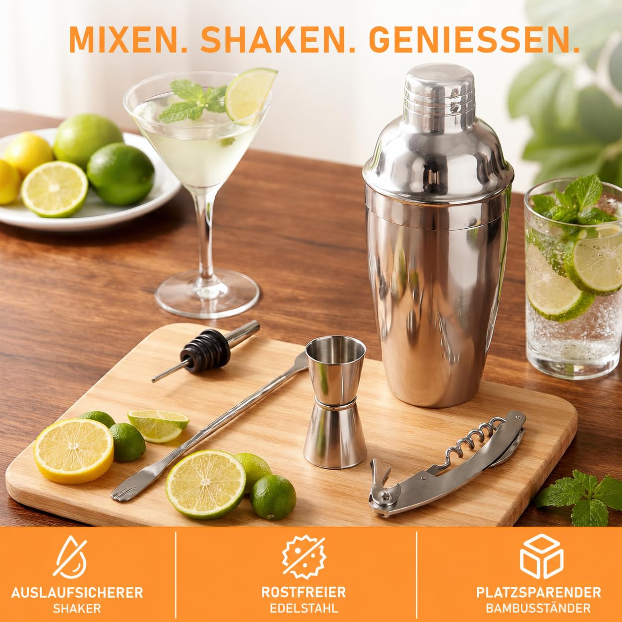 Set da 26 shaker per cocktail, 700 ml, shaker Boston in acciaio inox, kit professionale per barman che non si inceppa, con supporto in bambù e ricettario per feste, bar di casa e compleanni (argento)