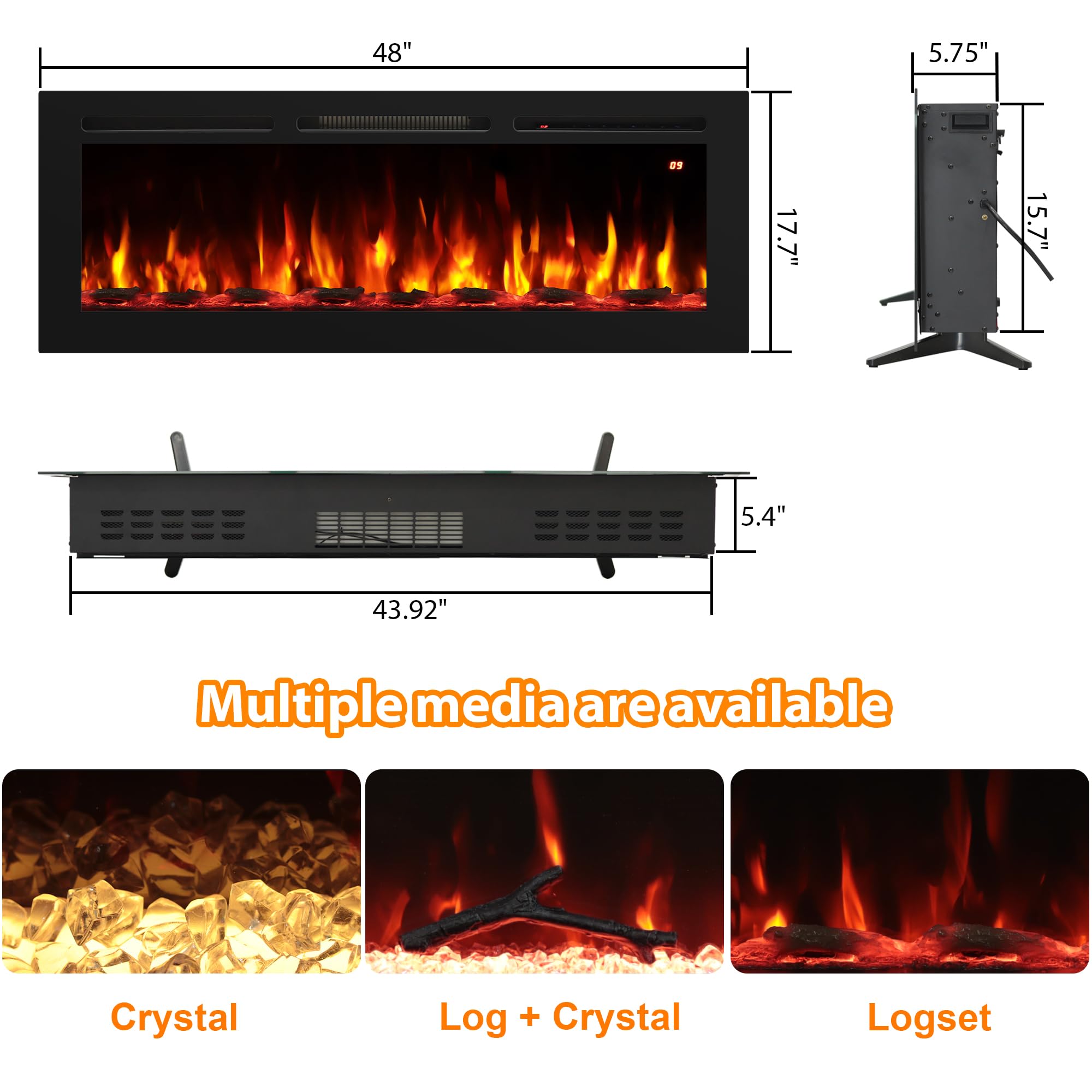 Oxhark Flame 48 Inches Electric Fireplace, Freestanding & Wall Mounted & Recessed Electric Fireplace Inserts, Remote Control, 14 Flame Colors, 9H Timer?Thermostat Fireplace Heater, 1500W, Black
