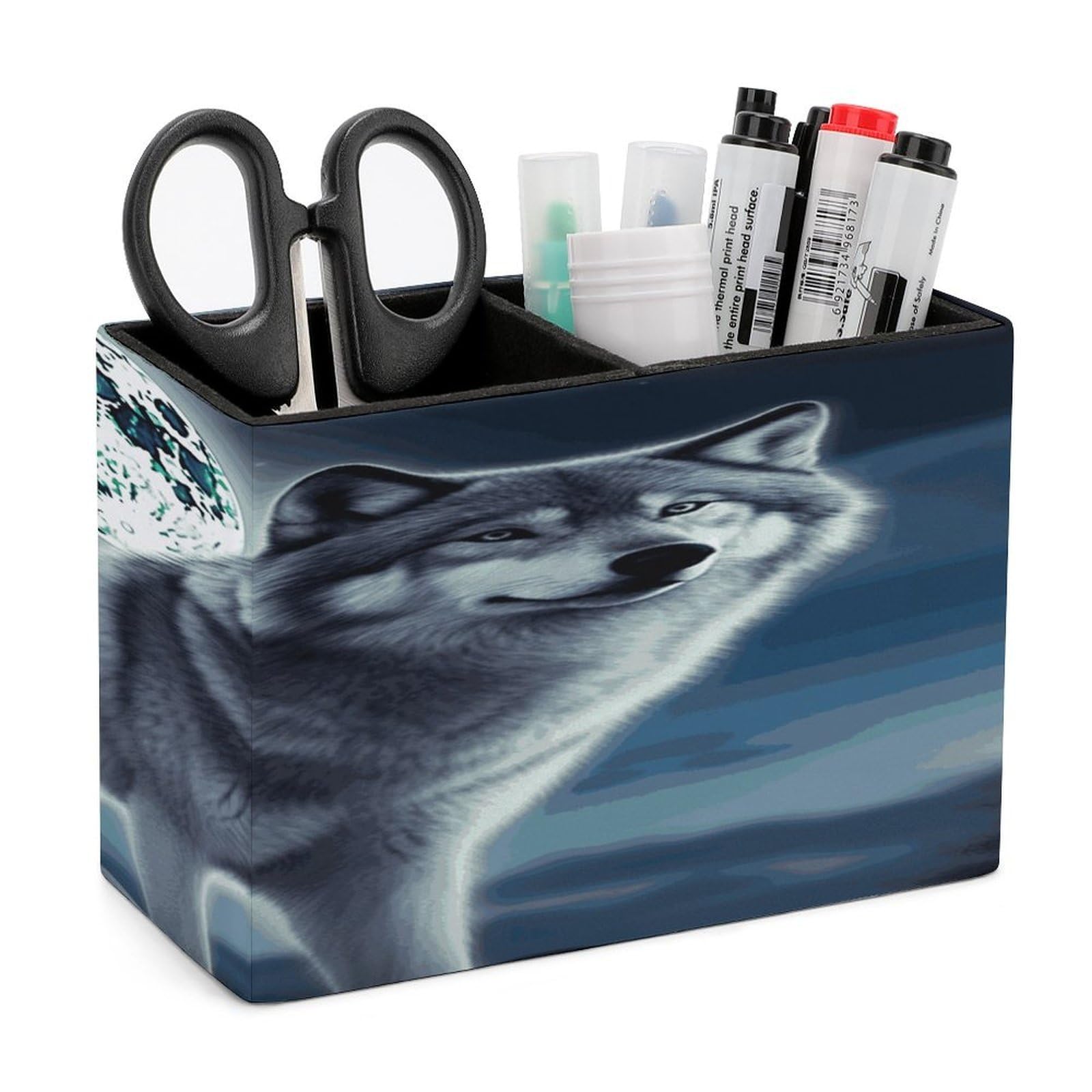 LDGSUPH Wolf Under Moon Leather Pen Holder for Desk Organizer Caddy Large Pencil Cup Multi-function Pencil Holder Makeup Brush Holders Pen Organizer for Home Office Storage Box
