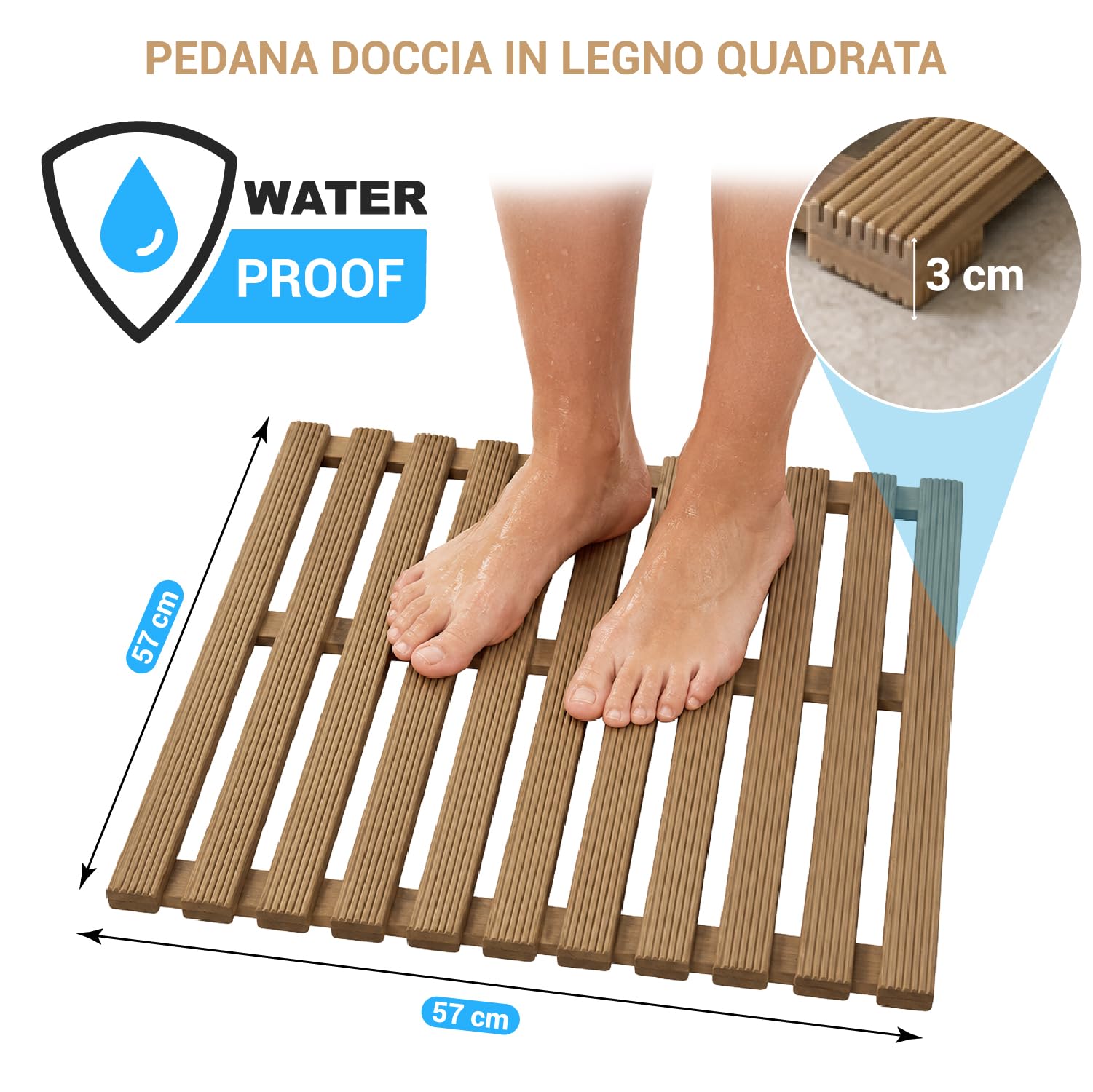 Crisalide® - Pedana Doccia in Legno di Pino Naturale 57x57 cm, Pedana Antiscivolo Waterproof con Doghe Drenanti, Piedini di Appoggio, Tappeto Doccia in Legno per Bagno e Piatto Doccia