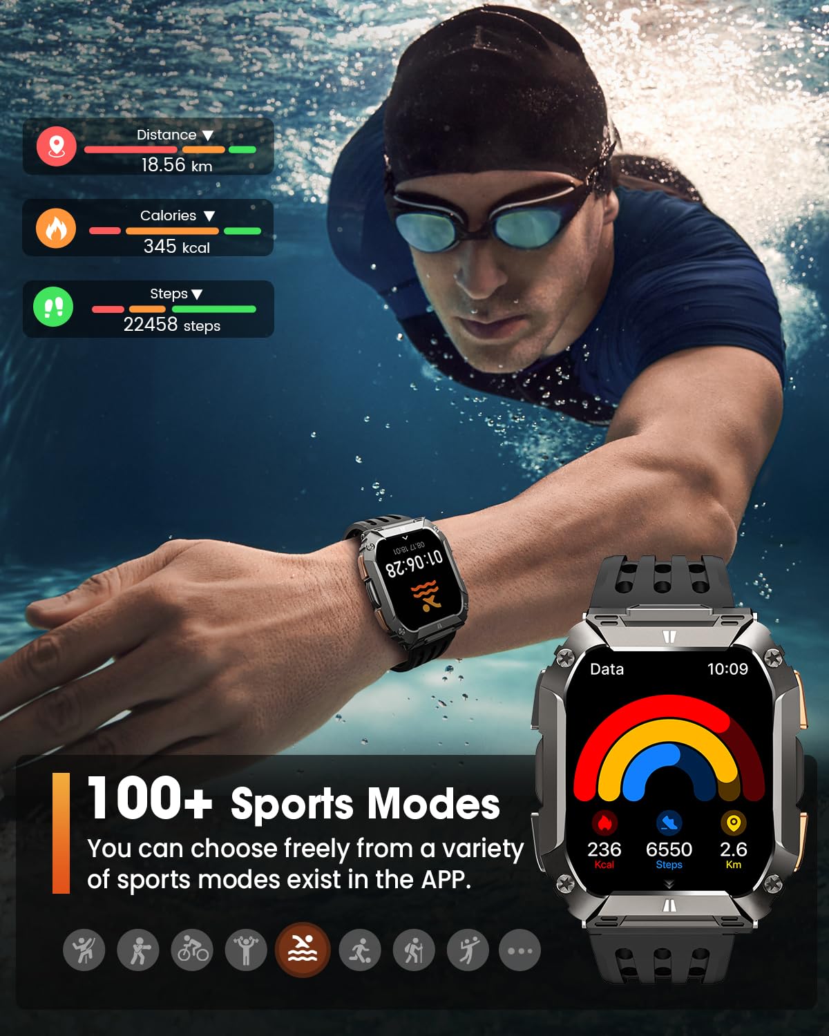 Montre Connectée Homme avec LED Lampe/1000mAh Batterie, 2.01" AMOLED Smartwatch Militaire avec Appel Bluetooth, 113 Modes Sportifs, 5 ATM Étanche, 24/7 Fréquence Cardiaque/Sommeil Android iOS