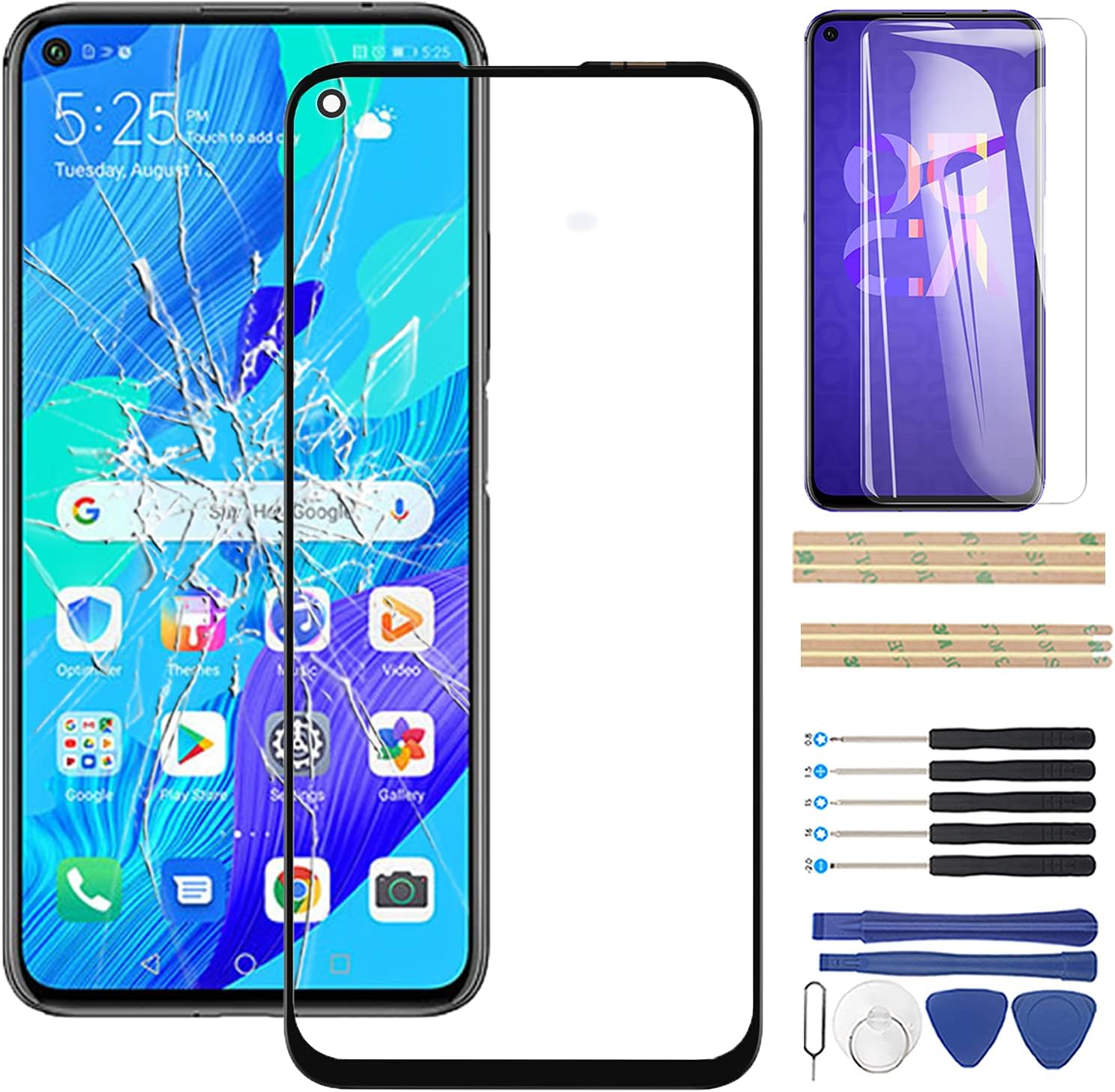 OCOLOR Front Glass Repair Kit Compatible with Huawei Nova 5T Honor 20 Pro Honor 20 Honor 20s 2019 YAL-L2 Front Glass Display Touch Screen Outer Lens Panel with 1 Piece Screen Protector + Tools