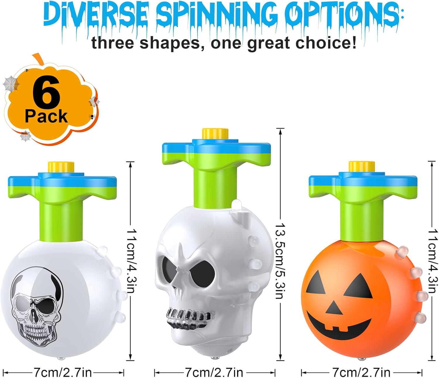 6 PCS Halloween Spinning Toy Gifts for Kids, Light Up Flashing Halloween Spin Tops with LED Gyroscope for Halloween Party Favors, Goodie Bag fillers (Pumpkin, Skull)