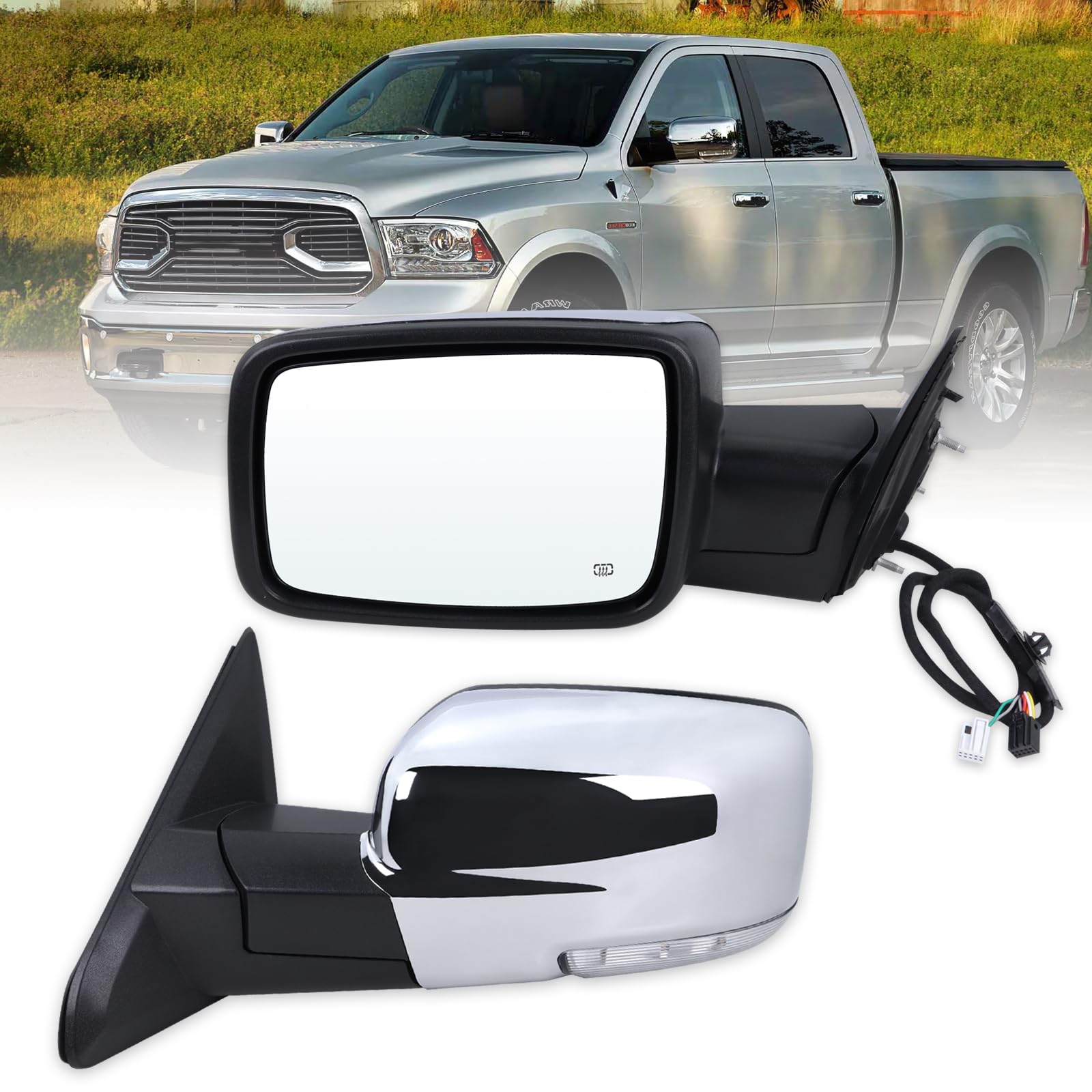 Left Driver Side Mirror Compatible With 2013-2018 Ram 1500 2500 3500 With Power Folding Power Glass Heated Temperature Sensors Turn Signal Puddle Lights Chrome Replace#68096197AF(10+2Pins)
