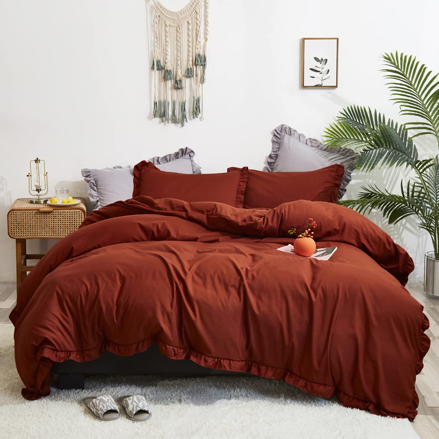 Cottonight Burnt Orange Ruffle Comforter Set Queen Rust Farmhouse Bedding Comforter Set Full Rust Orange Friange Blanket Quilt Vintage Rustic Comforter