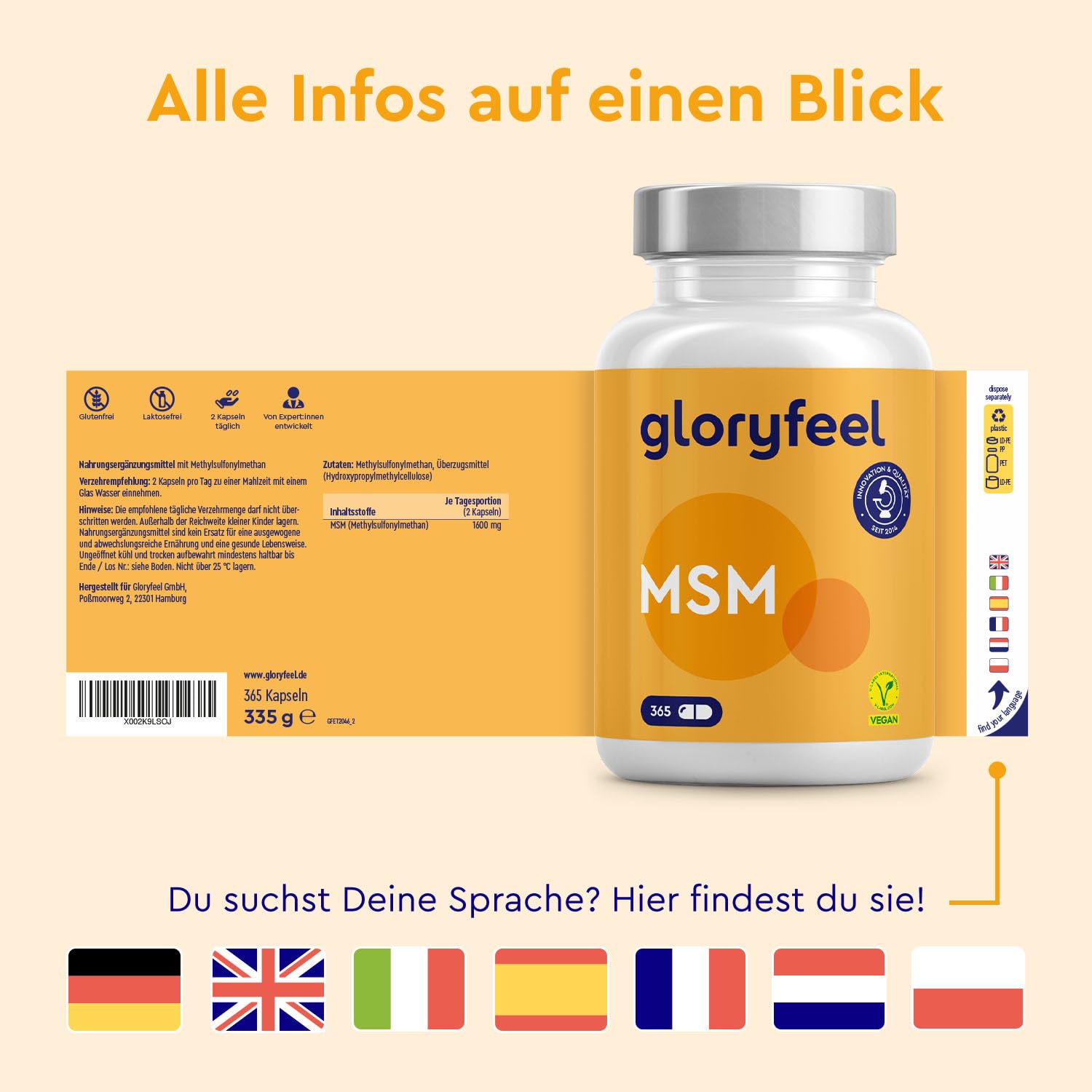 MSM Kapseln hochdosiert 365 Stück - 1600mg Methylsulfonylmethan (MSM) pro Tagesdosis - 99,9% reines MSM Pulver - vegan, laborgeprüft & ohne Zusätze in Deutschland hergestellt