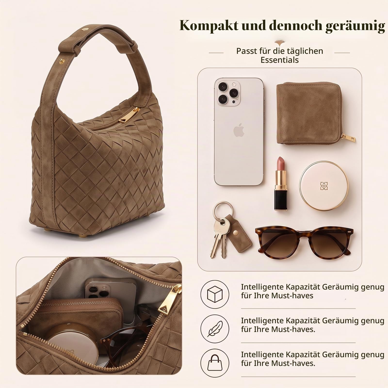 Gewebte Hobo-Handtasche für Damen, Vintage-Wildleder-Schultertasche mit verstellbarem Riemen