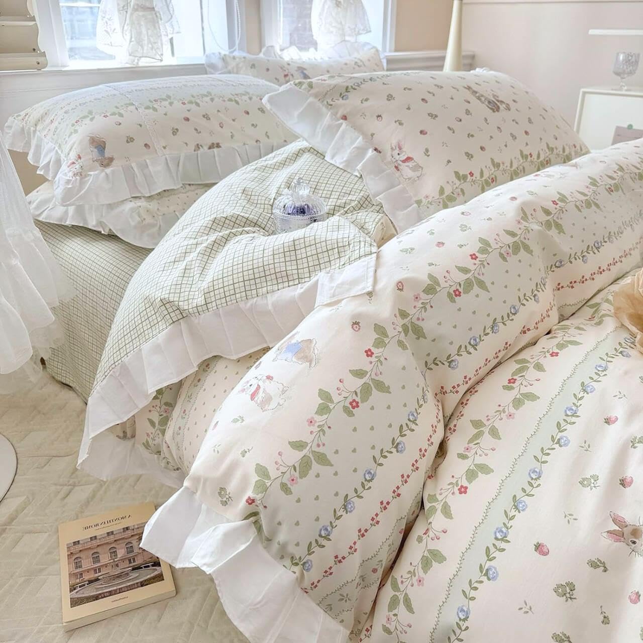 LifeTB Twin XL Comforter Set Cute Flower Green Leaves Pattern Comforter White Ruffle Bedding Comforter with 2 Pillowcases Reversible Green Plaid Comforter Botanical Flower Cute Rabbit Comforter Set