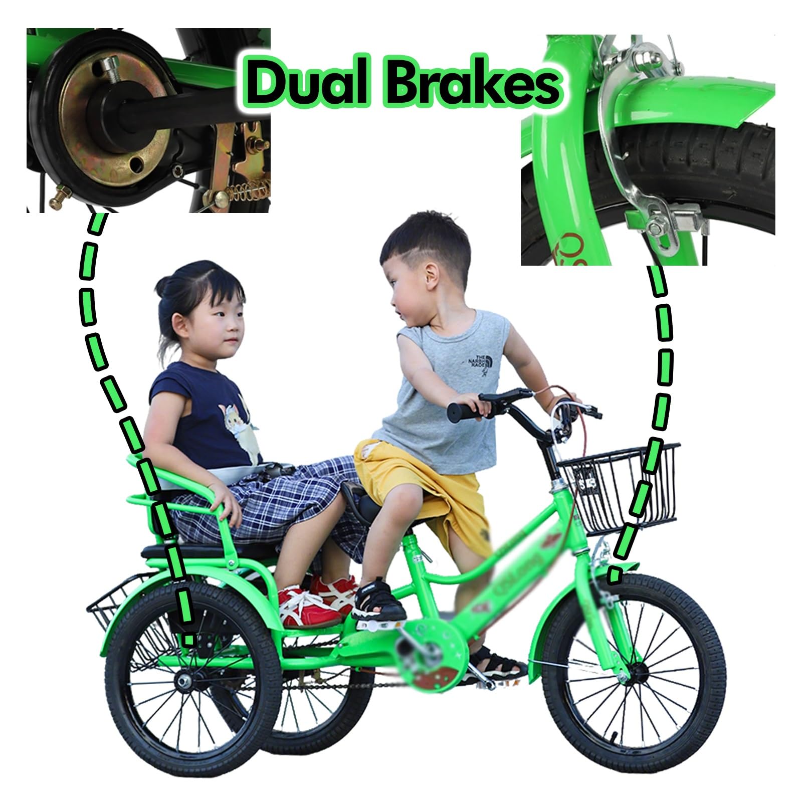 Adulti Tricicli for adulti Bici a tre ruote per bambini, per ciclismo/gite/picnic, bicicletta pieghevole a due posti con cintura di sicurezza/cestini anteriori e posteriori, triciclo(Red,20in)