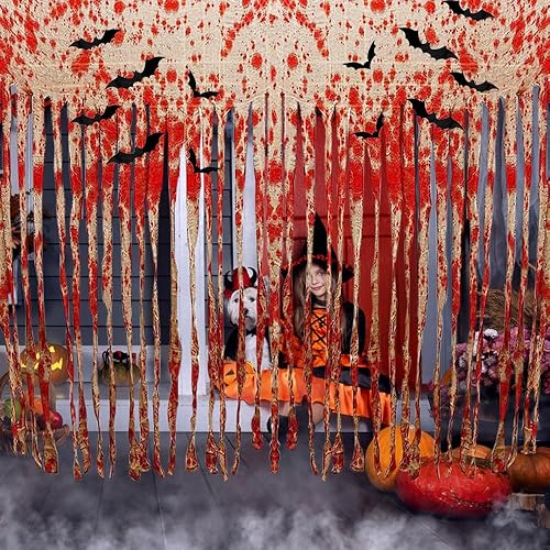 Miniatura 1 de APHRODY Decoración de puerta de Halloween de 6.5 x 6 pies, tela roja espeluznante, decoración colgante de fiesta de Halloween para el hogar, al aire