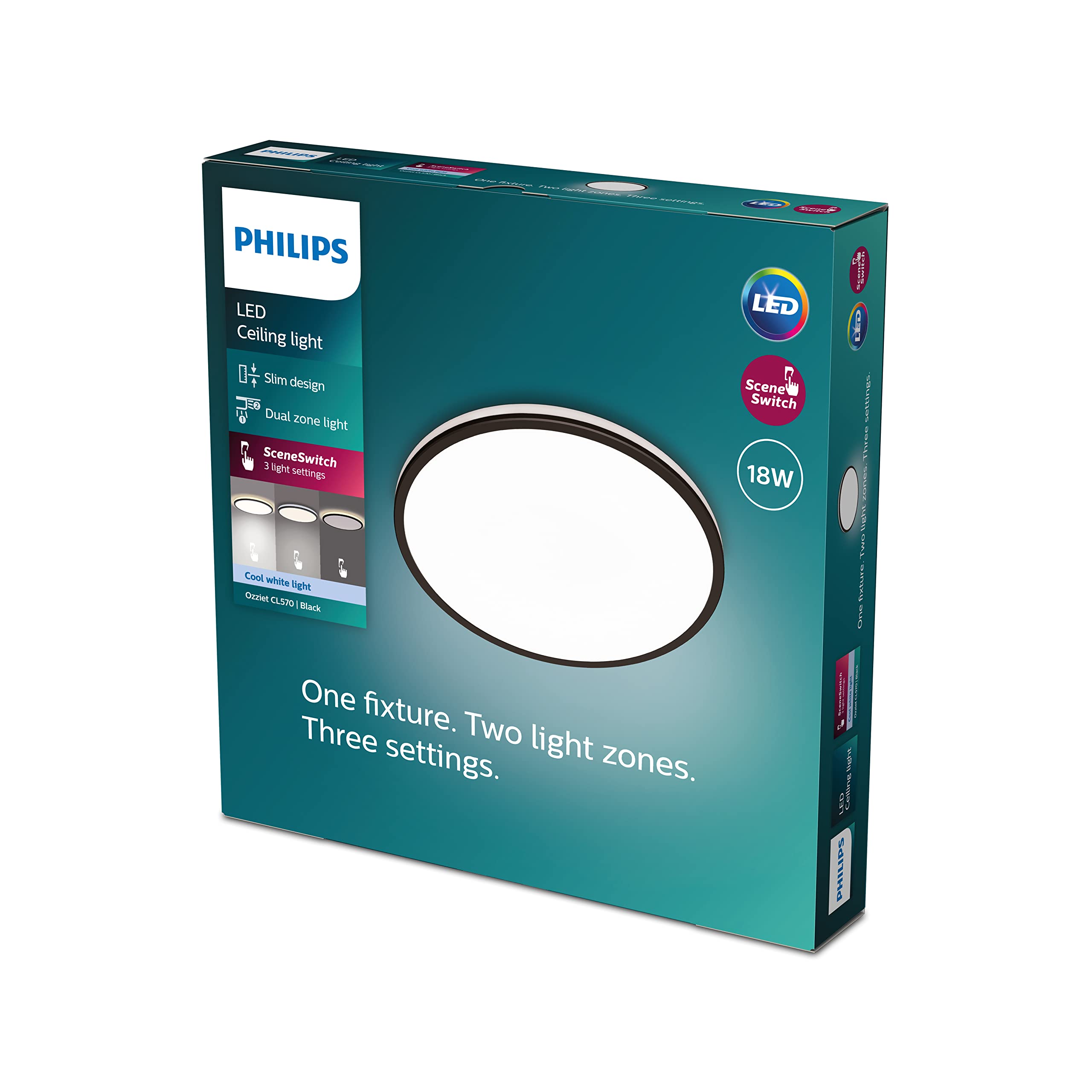 Philips LED Lampa sufitowa Ozziet CL570 18W, 4000 K, czarna, 2 strefy światła, 3 różne ustawienia