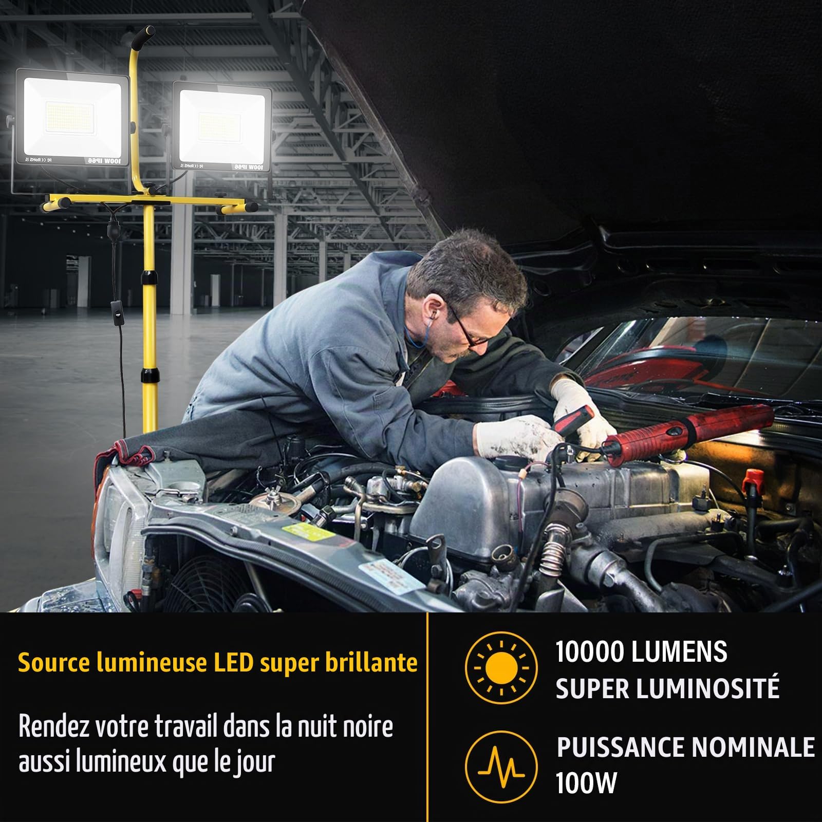 PICAA 2 Lampes 200W 20000LM Projecteur LED chantier avec trépied | Lampe de Travail,Étanche,175-265V,portable/flexible,pour extérieur/intérieur,Atelier, Garage,Construction,Sous-Sol,Câble 5M
