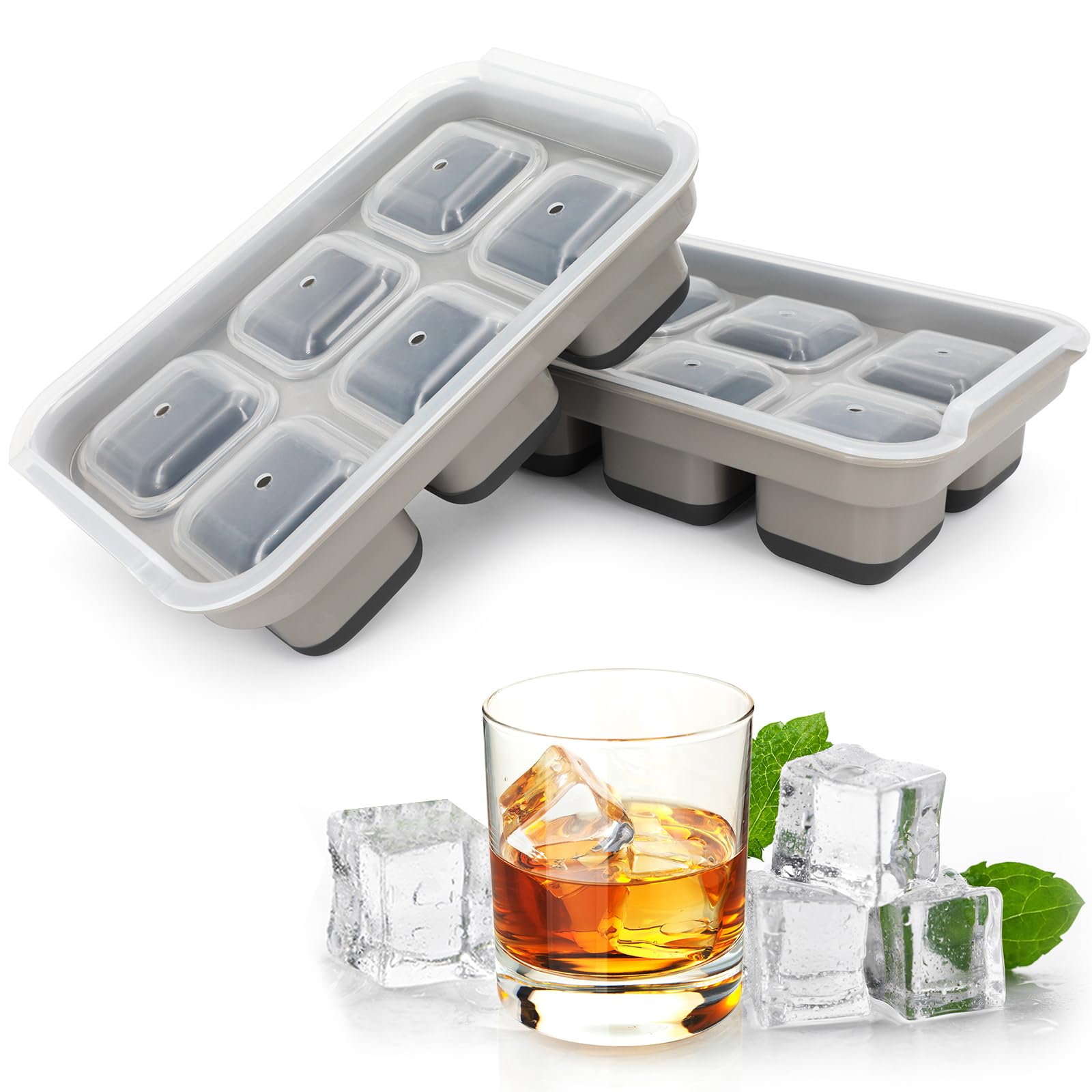 Ice Cube Tray,2 Pack Silicone & Plastic Ice Trays for Freezer,Large Ice Cube Molds with Lid,Easy Release 12 pcs Large Square Ice Cubes for Whiskey Cocktail,BPA Free and Stackable Dishwasher Safe