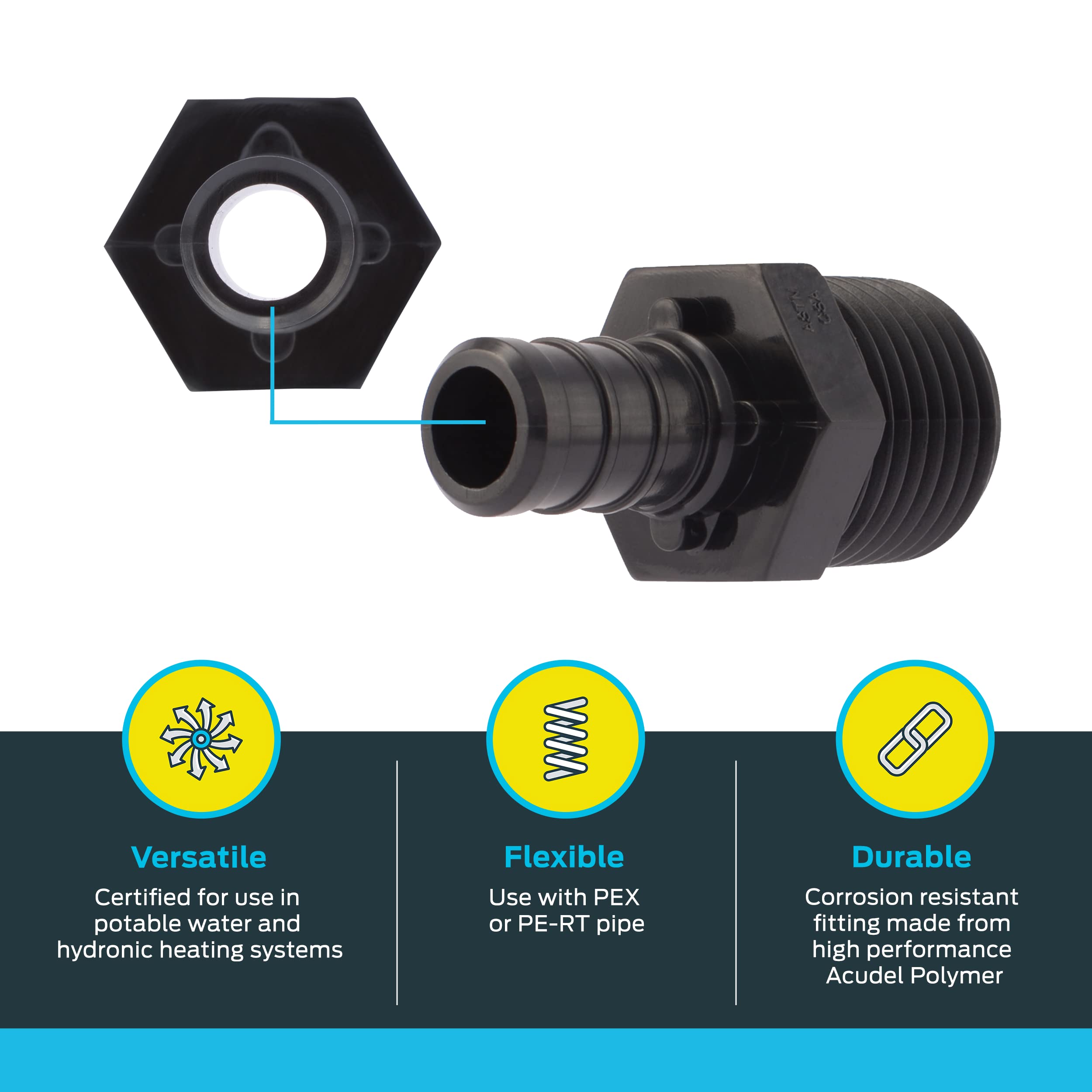SharkBite Adaptador de crimpado de polietileno MNPT de 1/2 pulgada, paquete de 25, tubo PEX, PE-RT, UP120