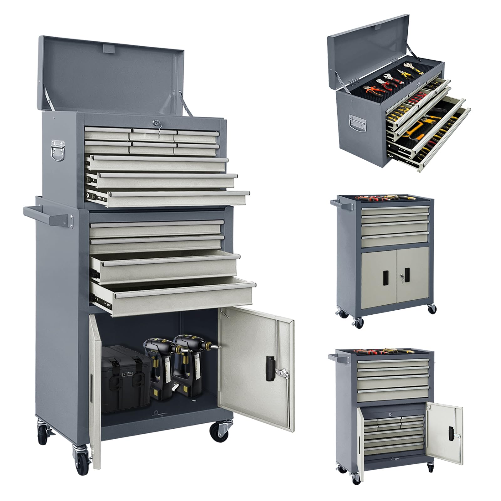 Sormols 13-Drawer Double Door Rolling Tool Chest, 2 in 1 Detachable Tool Chest,Tool Box with Drawers and Wheels, Large Tool Cabinet with Lock, Metal