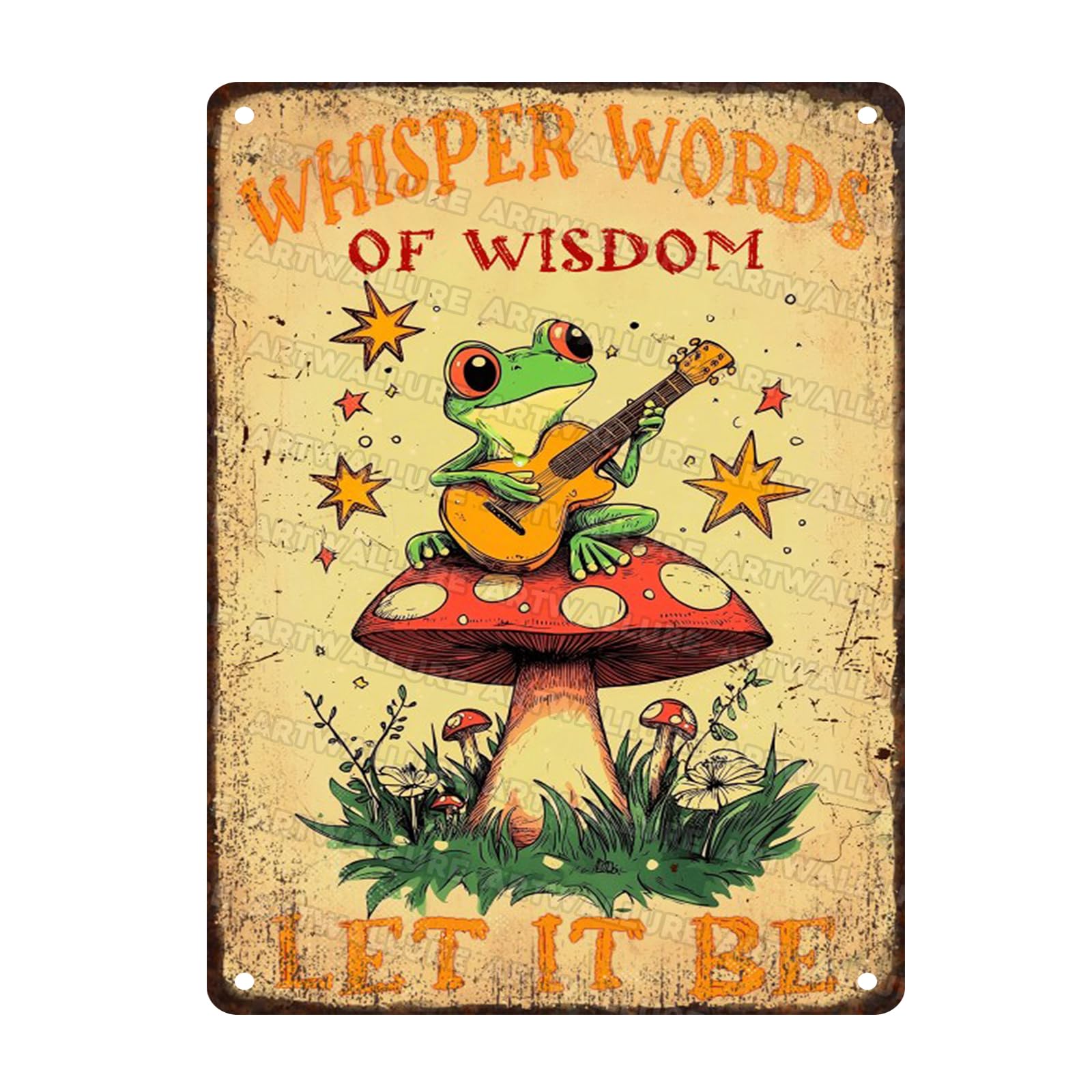 Frog Vintage Tin Sign Whisper Words of Wisdom Let It Be Metal Sign Mushroom Hippie Inspirational Quotes Decor for Family Friends Colleagues 12x16inch