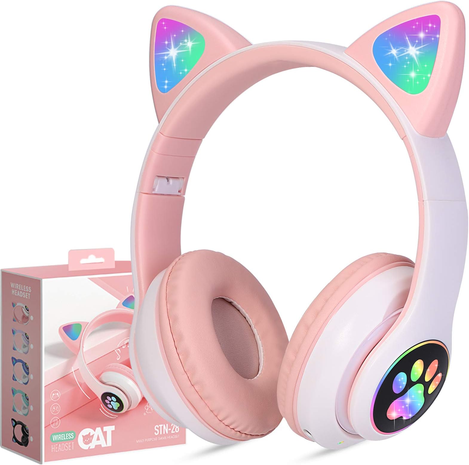 Kids Wireless Headphones TCJJ Cat Ear LED Light Up Bluetooth Foldable Headphones Over Ear w/Microphone for Online Distant Learning (Pink)