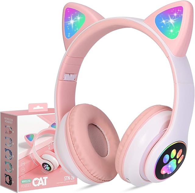 Kids Headphones Wireless, Girls Cat Ear Bluetooth Headphones, Foldable LED Light Up Headphones Over On Ear w/Microphone and Micro SD Card Slot for Child/Teens/iPhone/iPad/PC/TV,Gift for Birthday/Xmas