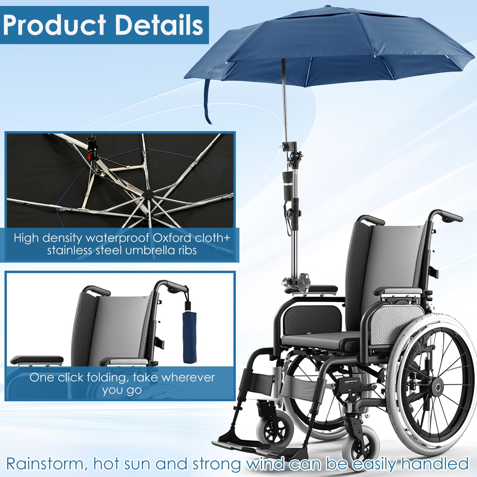 Rollstuhlschirm, 360° Verstellbarer Strandschirm mit Universalklemme, Faltbar Sonnenschutz Regenschutz,Wasserdicht Sonnenschirm,Regenschirm für Elektrische Rollstühle,für Terrasse und Strand
