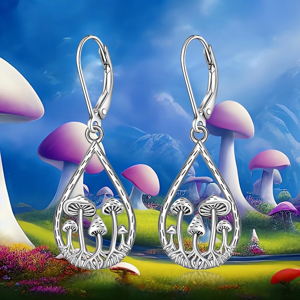 Mushroom Earrings for Women Sterling Silver Mushroom Earrings Dangle Leverback Xmas Retro Christmas Jewelry - Image 5
