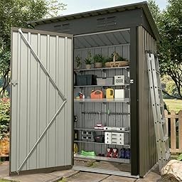 5×3 ft Outdoor Storage Shed, 67 CU.ft Metal Tool Shed with Sloping Roof and Lockable Door, Compact Garden Shed for Backyard, Patio and Lawn Organization, Brown