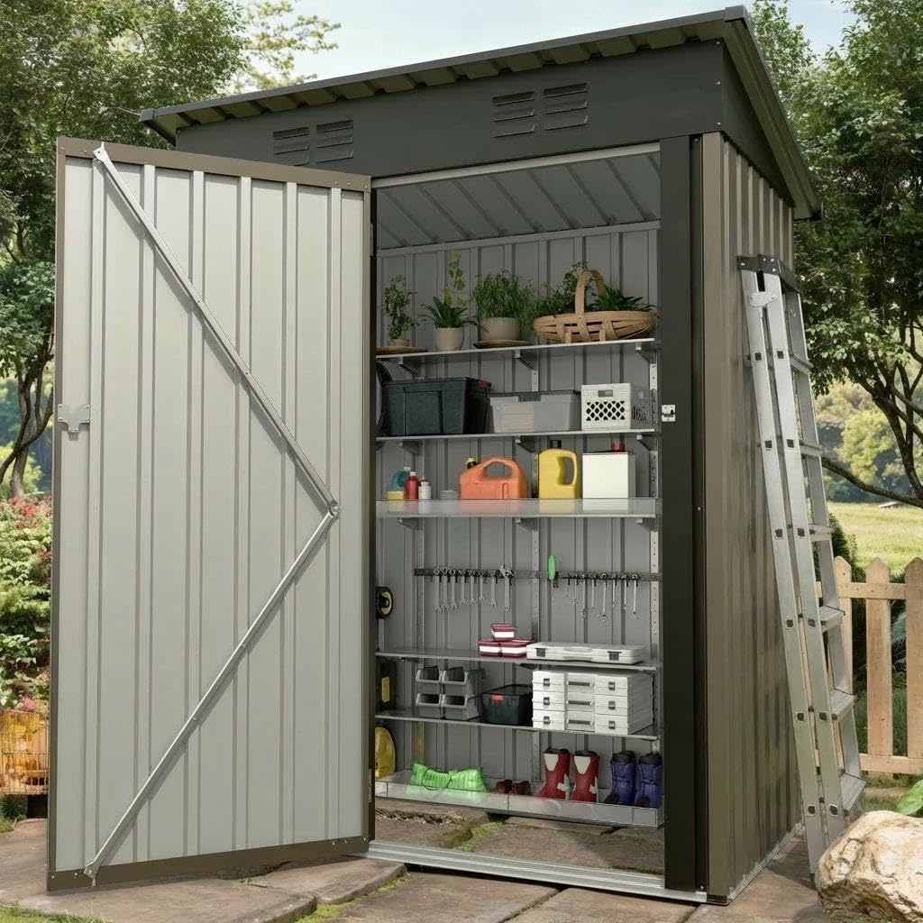 5×3 ft Outdoor Storage Shed, 67 CU.ft Metal Tool Shed with Sloping Roof and Lockable Door, Compact Garden Shed for Backyard, Patio and Lawn Organization, Brown