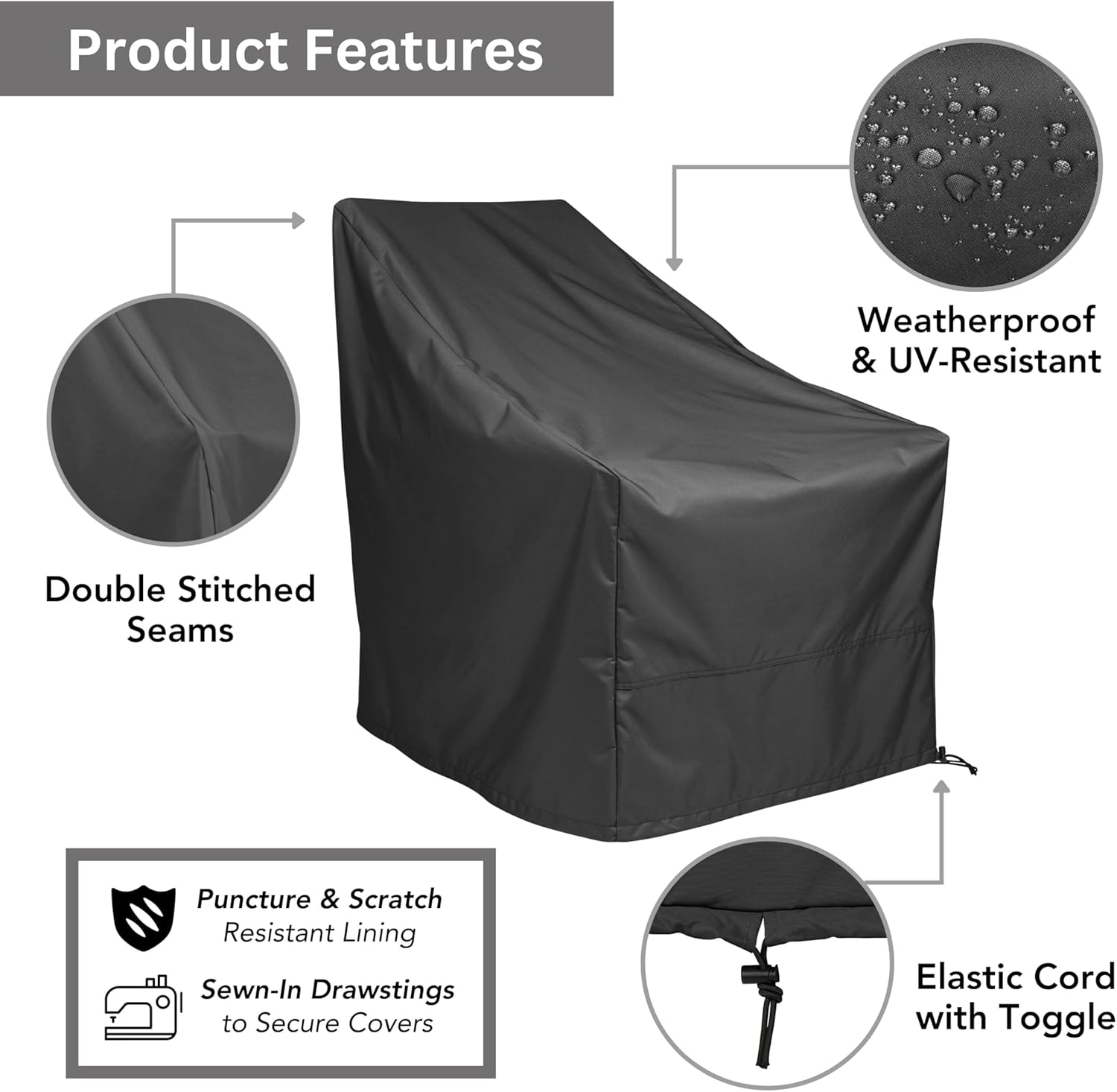 Shine Company Weatherproof Outdoor Adirondack Chair Cover, 100% Woven Polyester, Elastic Cord with Toggle, Black