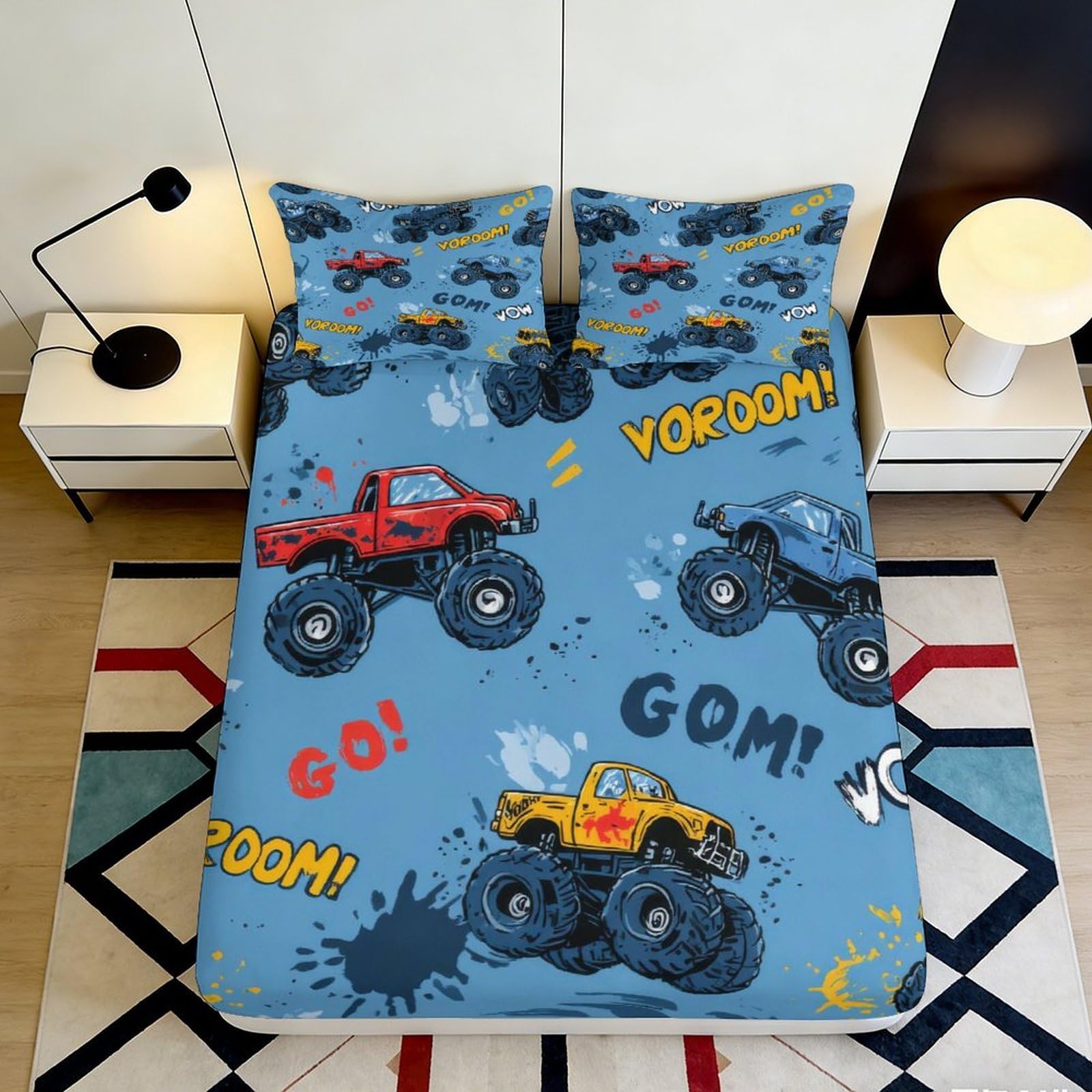 3D Printed Monster Truck Fitted Sheet Microfiber Blue Cartoon Bed Cover for Bedroom Dorm Mattress Protector Decor 90x200x25cm