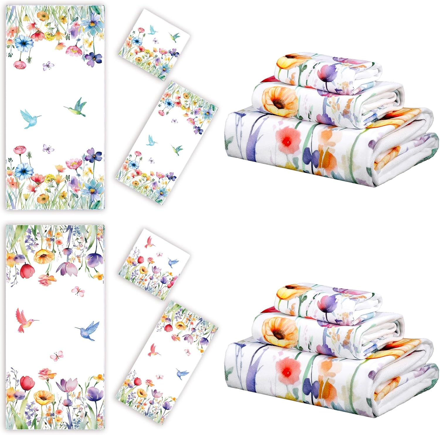 VitalCozy Set of 6 Wildflower Bathroom Towel Absorbent Soft Hand Towels Decorative Guest Bathroom Towel Set, 3 Sizes(Spring Flower)