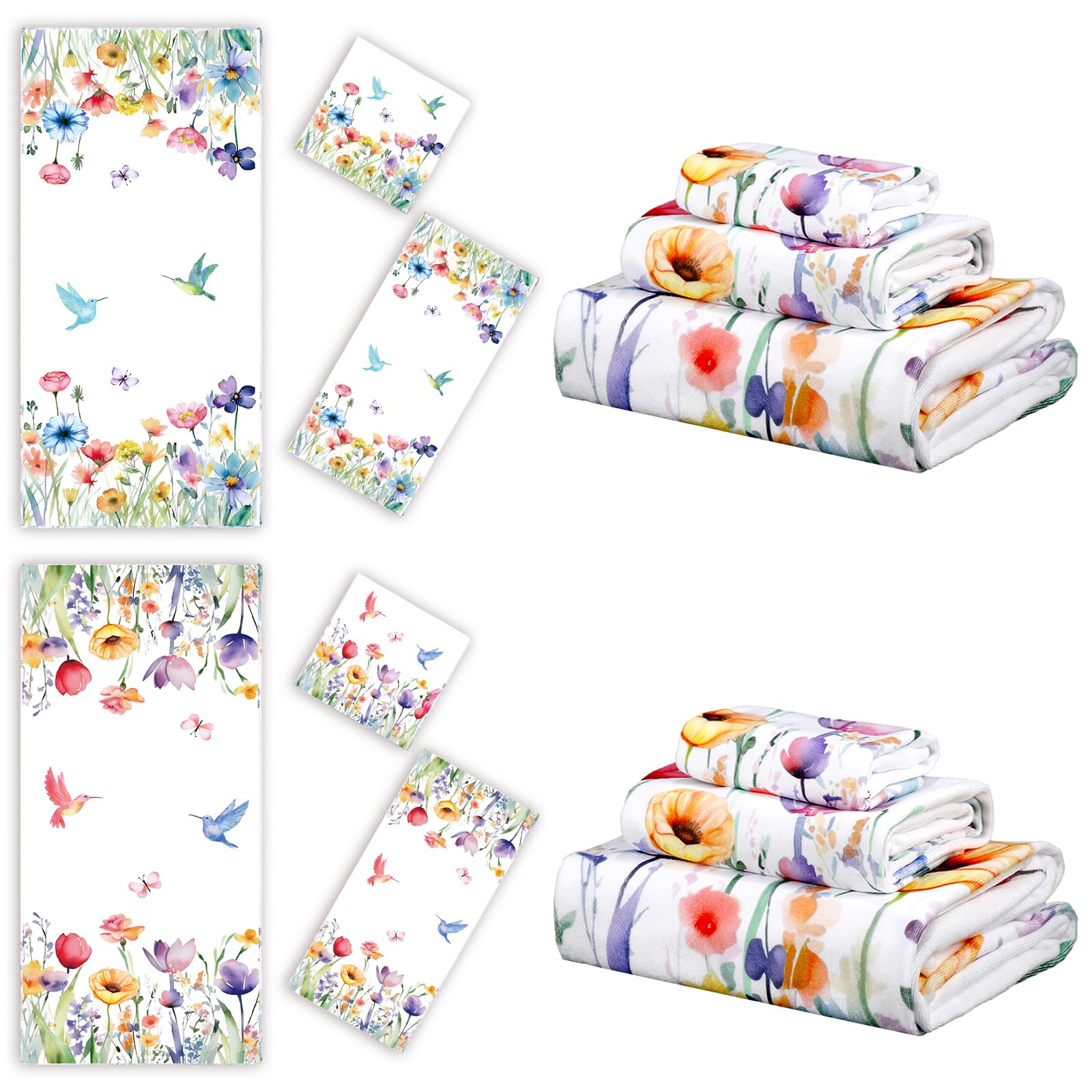 VitalCozy Set of 6 Wildflower Bathroom Towel Absorbent Soft Hand Towels Decorative Guest Bathroom Towel Set, 3 Sizes(Spring Flower)